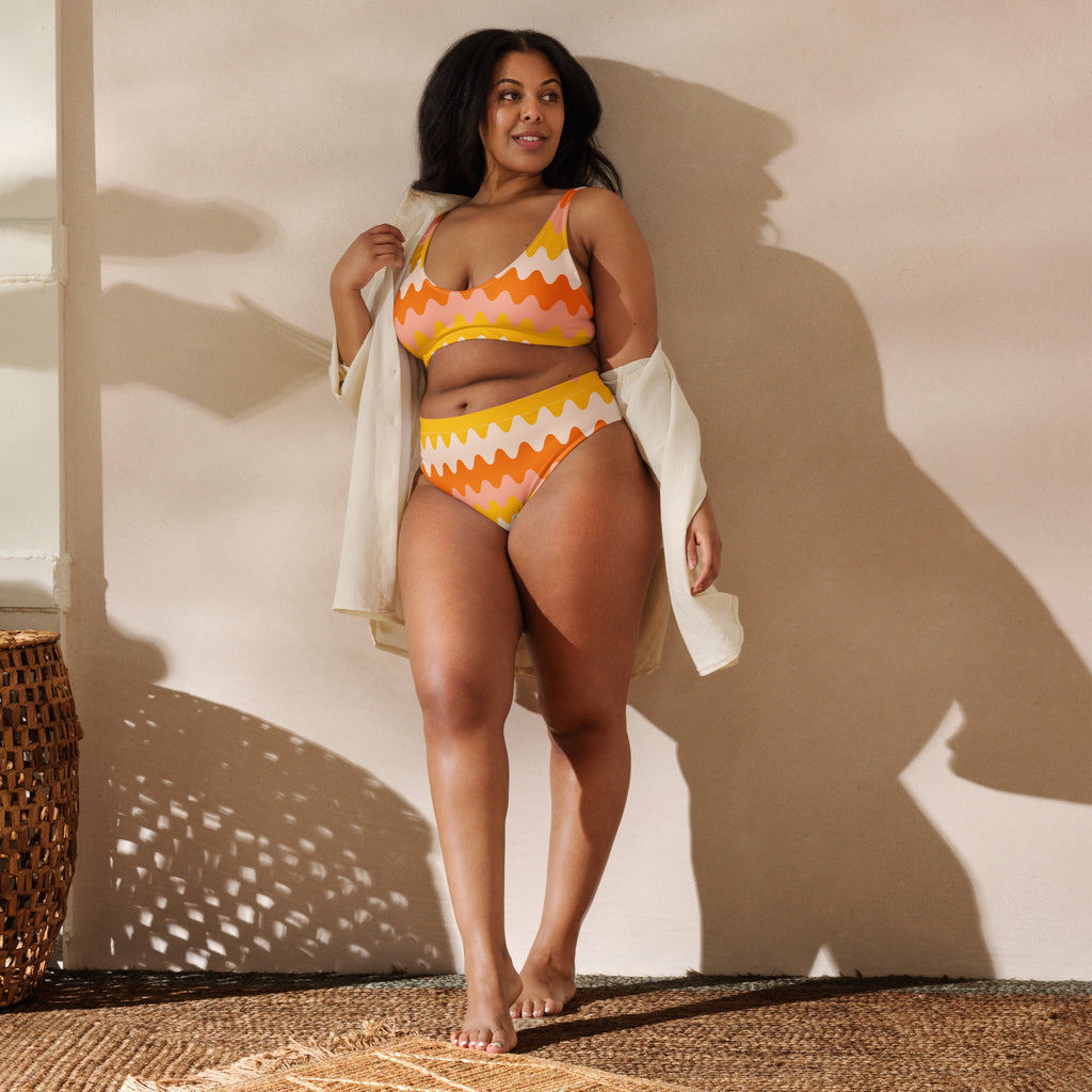 Women's Orange Wavy Stripe Recycled Bikini - Removable Padding, Buttery Soft Quick-Drying UPF 50+ Fabric