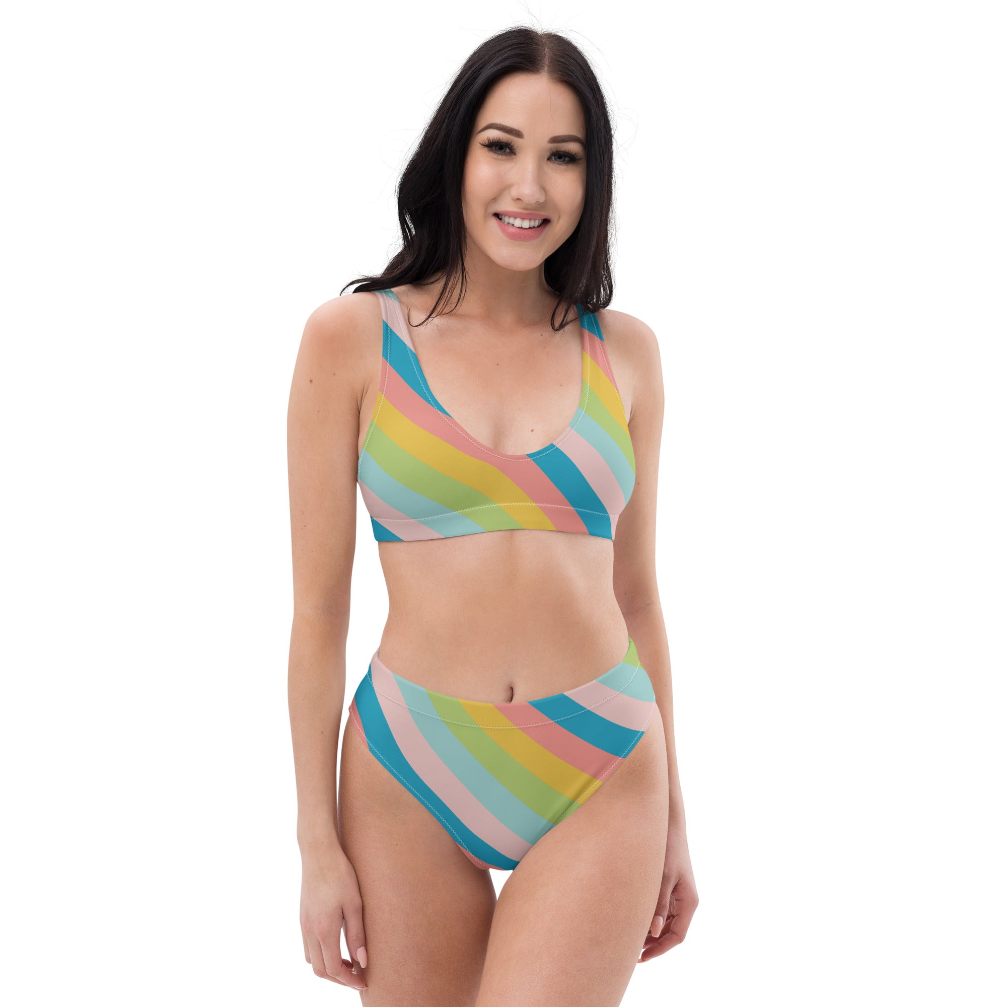 Women's Colorful Retro Striped Recycled Bikini - Removable Padding, Buttery Soft Quick-Drying UPF 50+ Fabric
