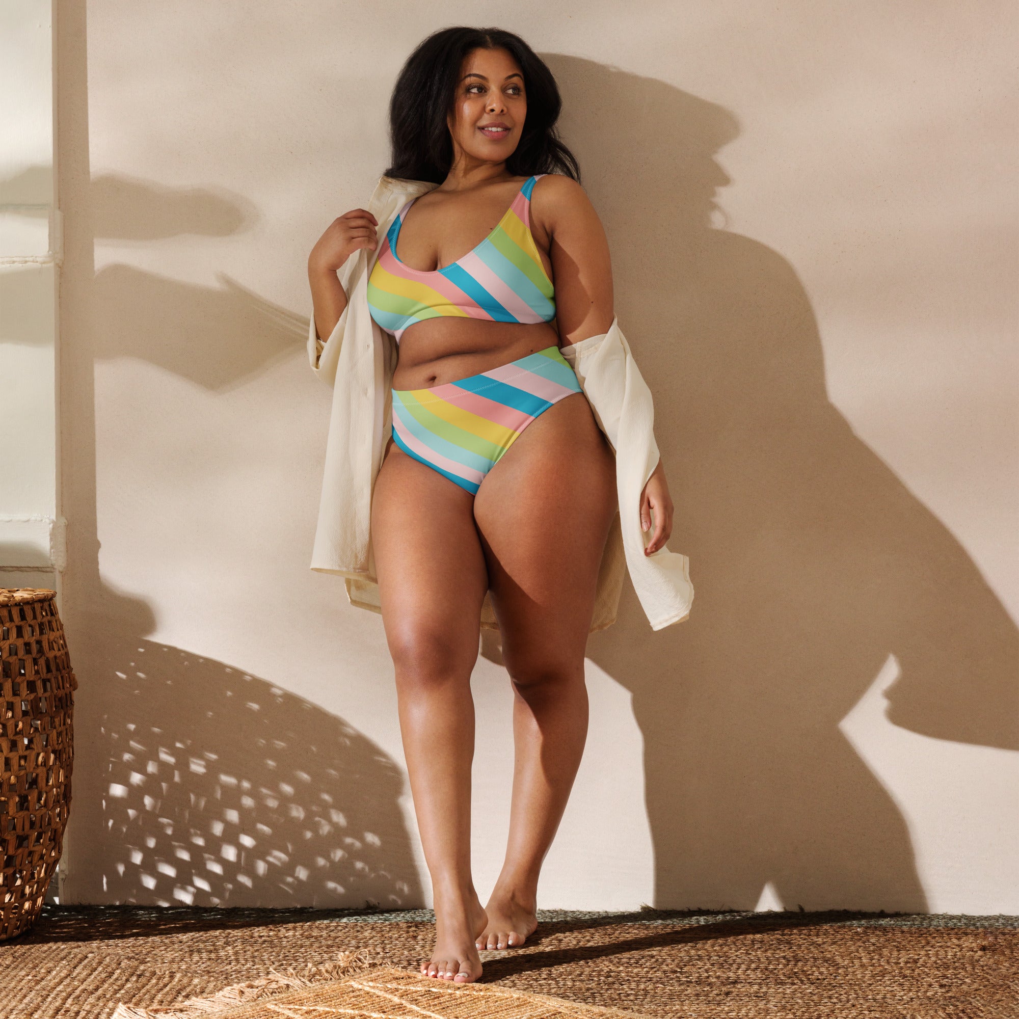 Women's Colorful Retro Striped Recycled Bikini - Removable Padding, Buttery Soft Quick-Drying UPF 50+ Fabric