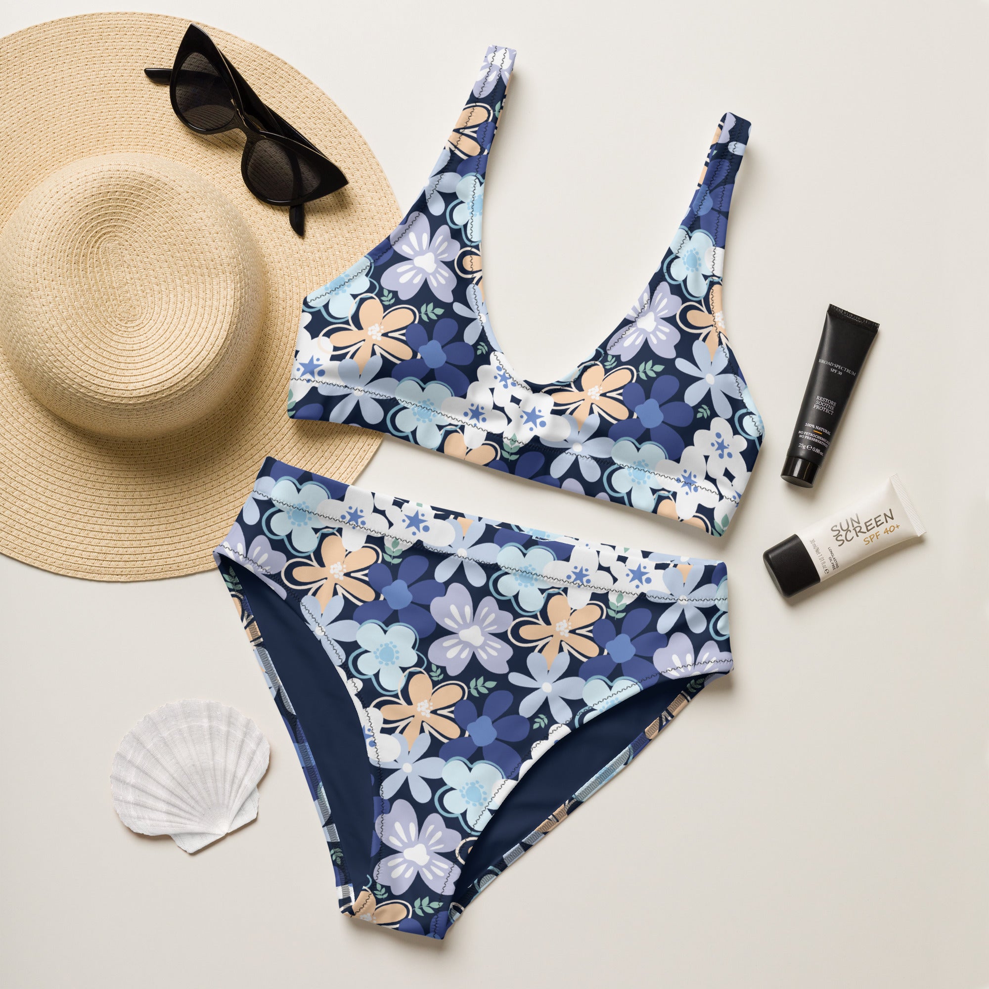 Women's Navy Floral Recycled Bikini - Removable Padding, Buttery Soft Quick-Drying UPF 50+ Fabric