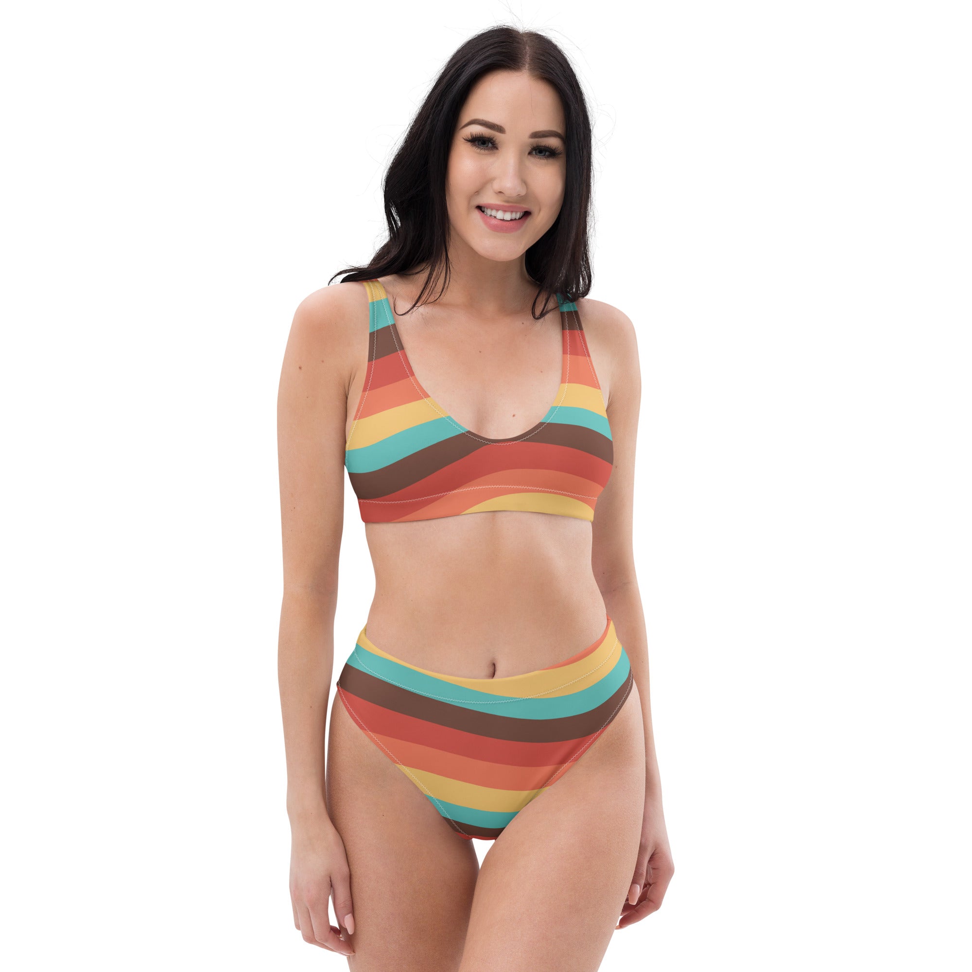 Women's Beach Sunset Retro Wavy Recycled Bikini - Removable Padding, Buttery Soft Quick-Drying UPF 50+ Fabric