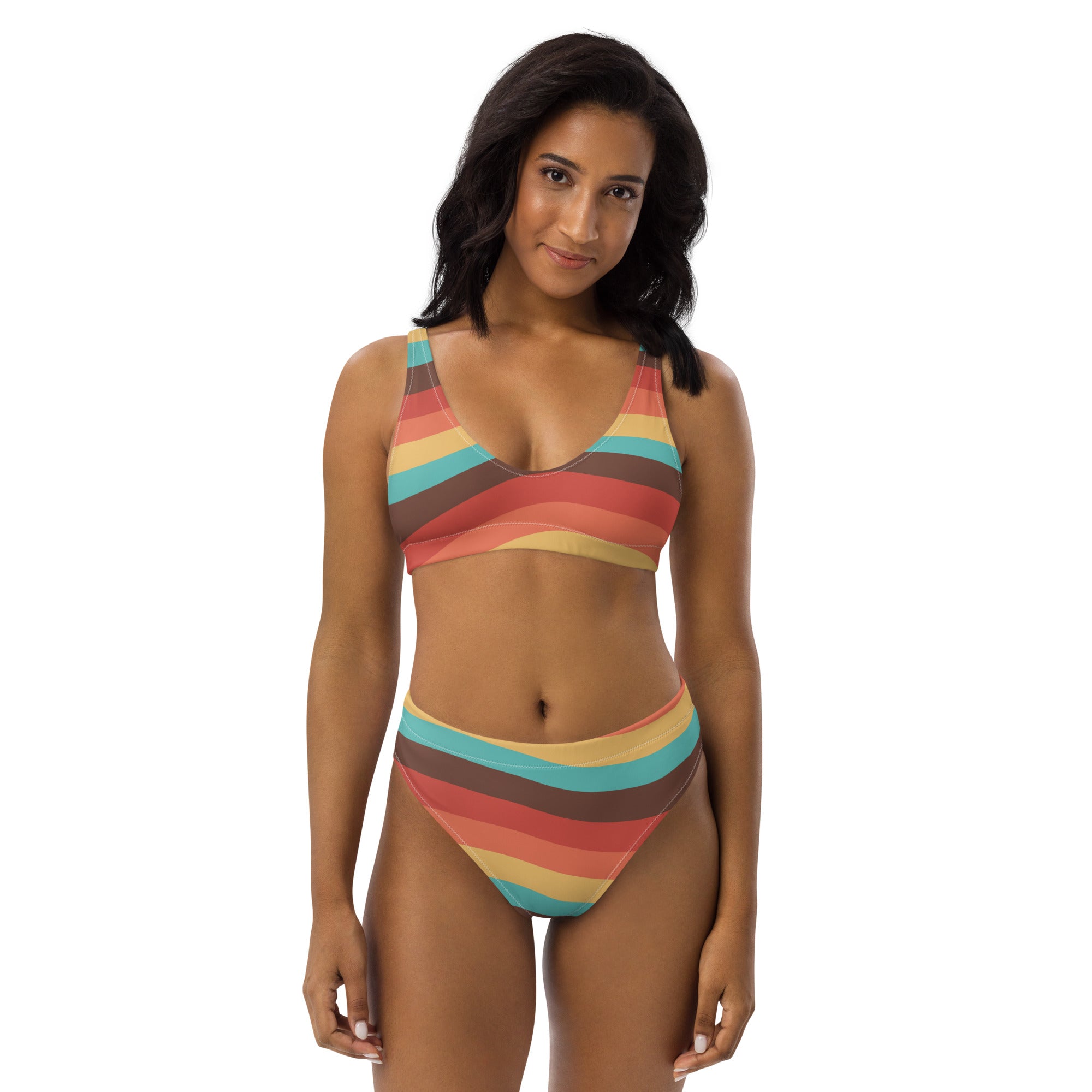 Women's Beach Sunset Retro Wavy Recycled Bikini - Removable Padding, Buttery Soft Quick-Drying UPF 50+ Fabric