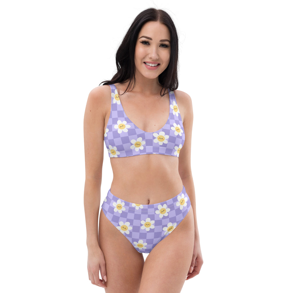 Women's Purple Daisy Checkerboard Recycled Bikini - Removable Padding, Buttery Soft Quick-Drying UPF 50+ Fabric
