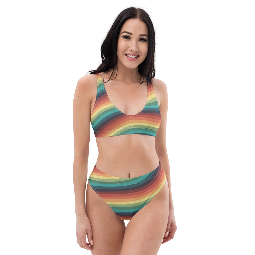 Women's Retro Sunset Stripe Recycled Bikini - Removable Padding, Buttery Soft Quick-Drying UPF 50+ Fabric