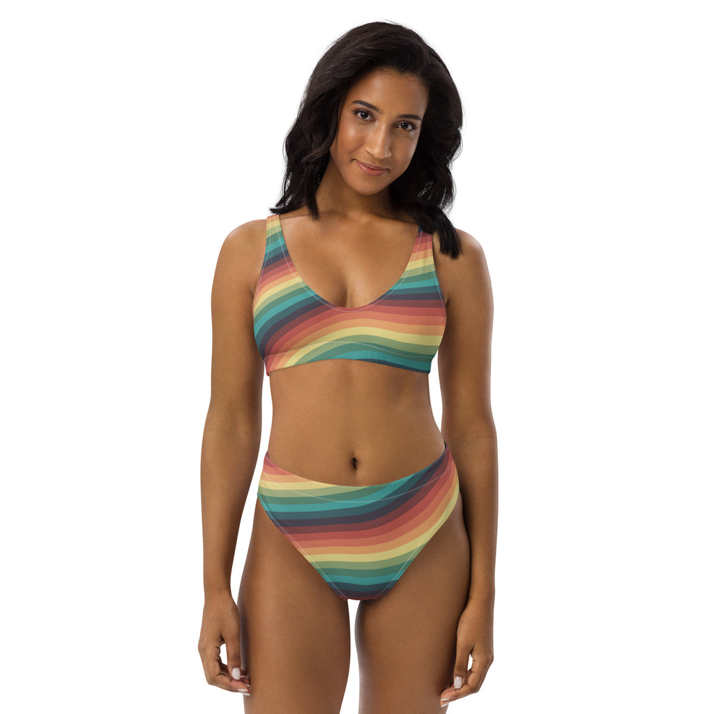 Women's Retro Sunset Stripe Recycled Bikini - Removable Padding, Buttery Soft Quick-Drying UPF 50+ Fabric