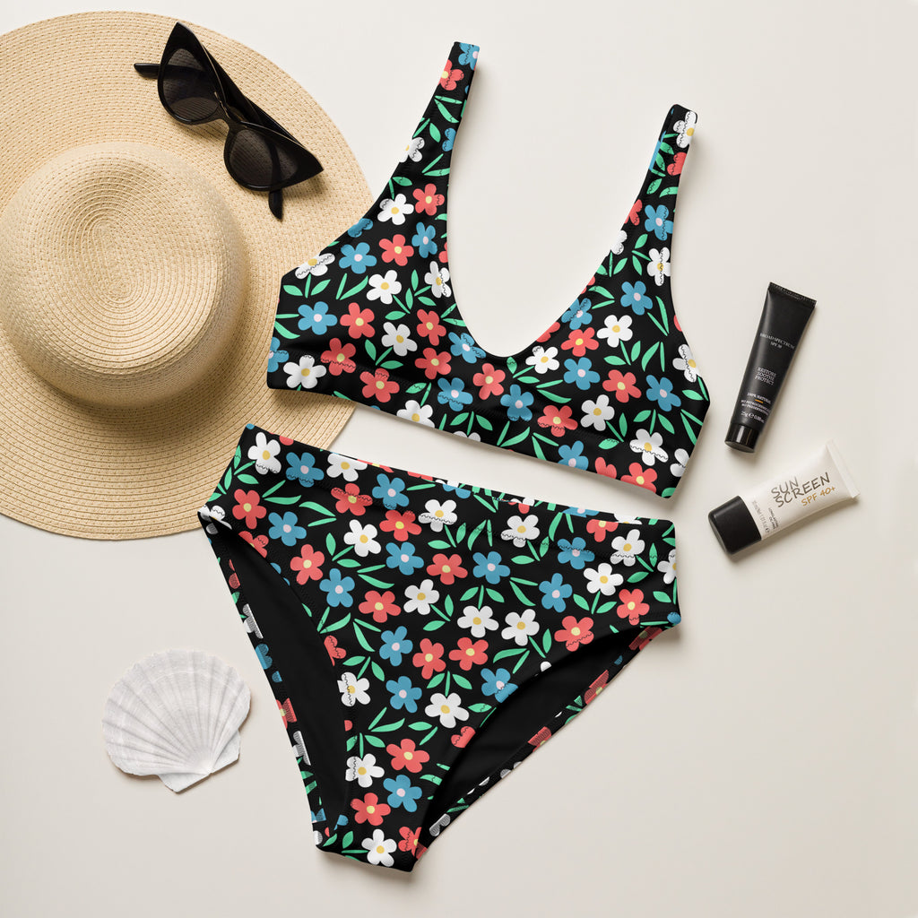 Women's Colorful Daisy Print Recycled Bikini - Removable Padding, Buttery Soft Quick-Drying UPF 50+ Fabric