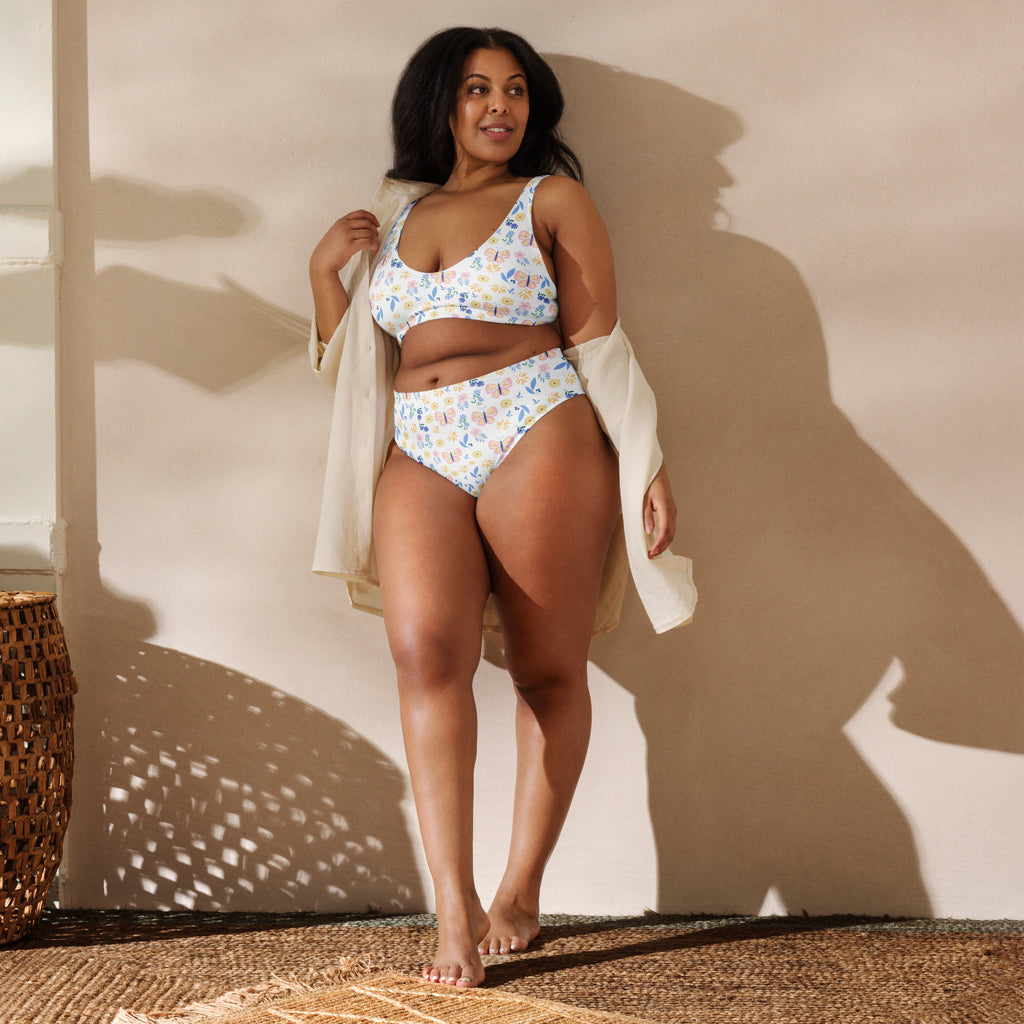 Women's White Butterfly Floral Recycled Bikini - Removable Padding, Buttery Soft Quick-Drying UPF 50+ Fabric