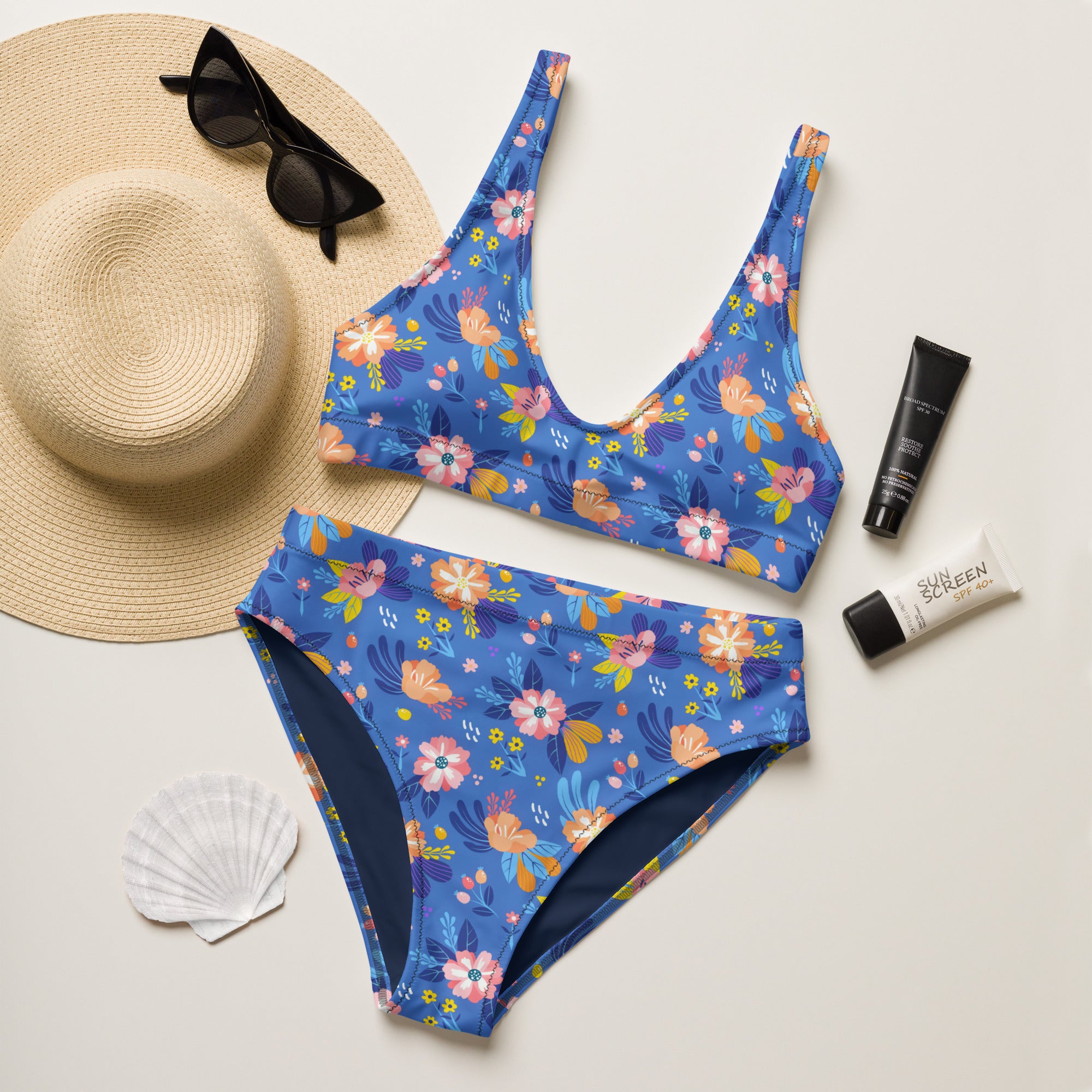 Women's Blue Floral Recycled Bikini - Removable Padding, Buttery Soft Quick-Drying UPF 50+ Fabric