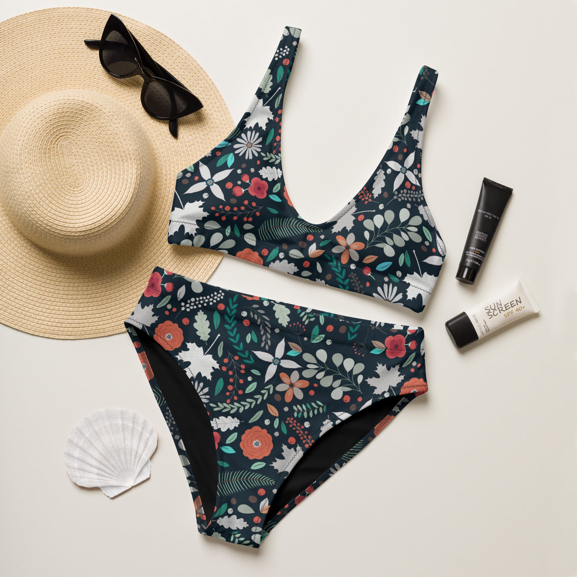 Women's Dark Botanical Floral Recycled Bikini - Removable Padding, Buttery Soft Quick-Drying UPF 50+ Fabric