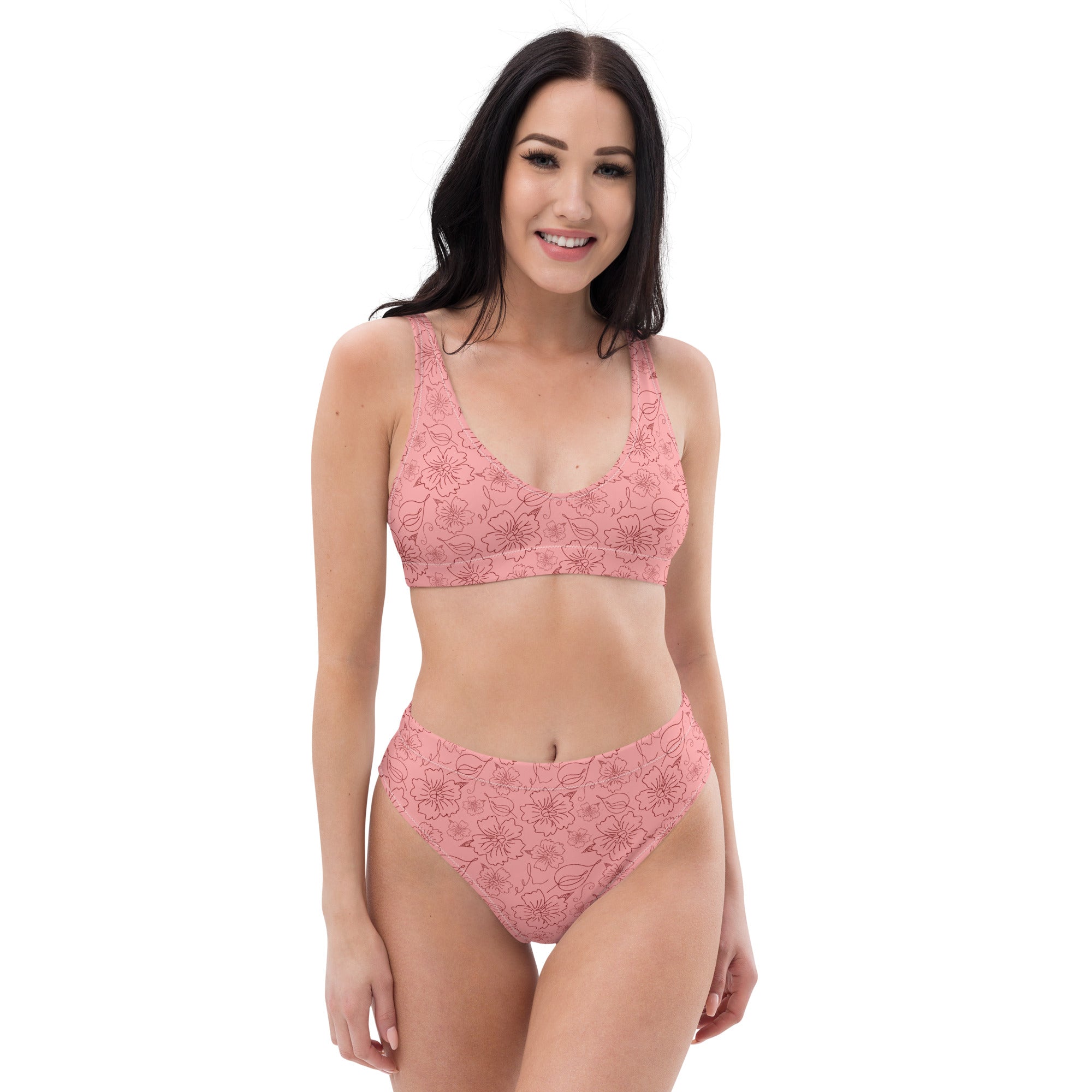 Women's Dusty Pink Floral Line Art Recycled Bikini - Removable Padding, Buttery Soft Quick-Drying UPF 50+ Fabric