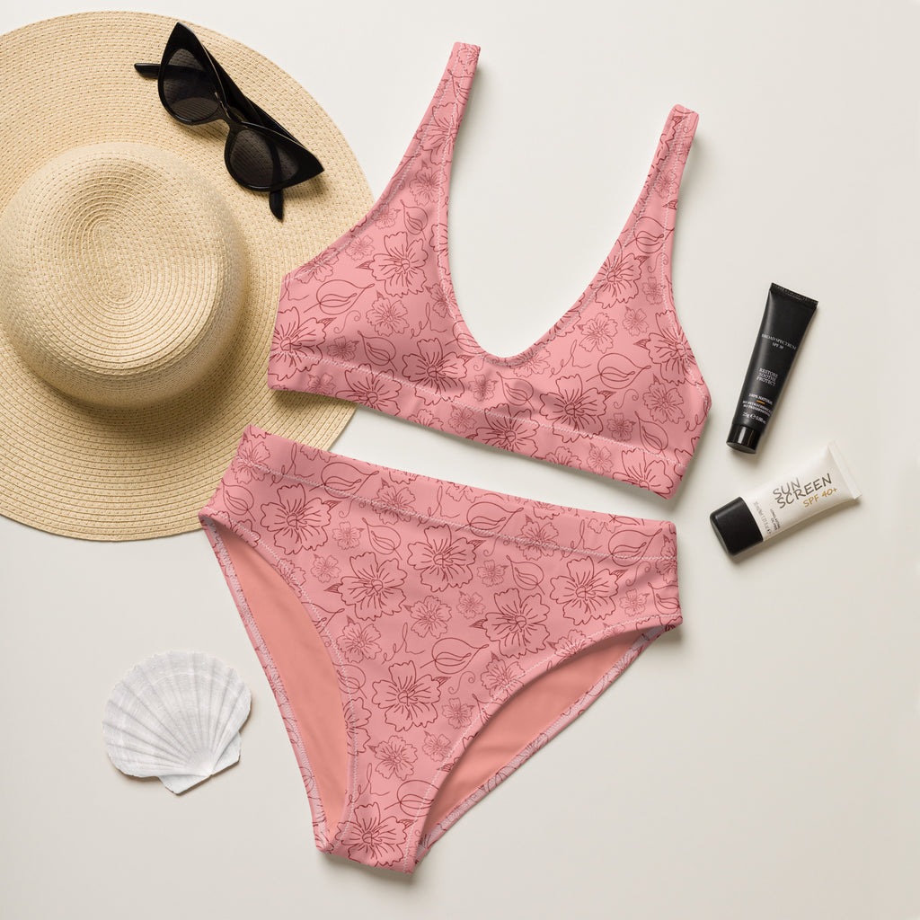 Women's Dusty Pink Floral Line Art Recycled Bikini - Removable Padding, Buttery Soft Quick-Drying UPF 50+ Fabric