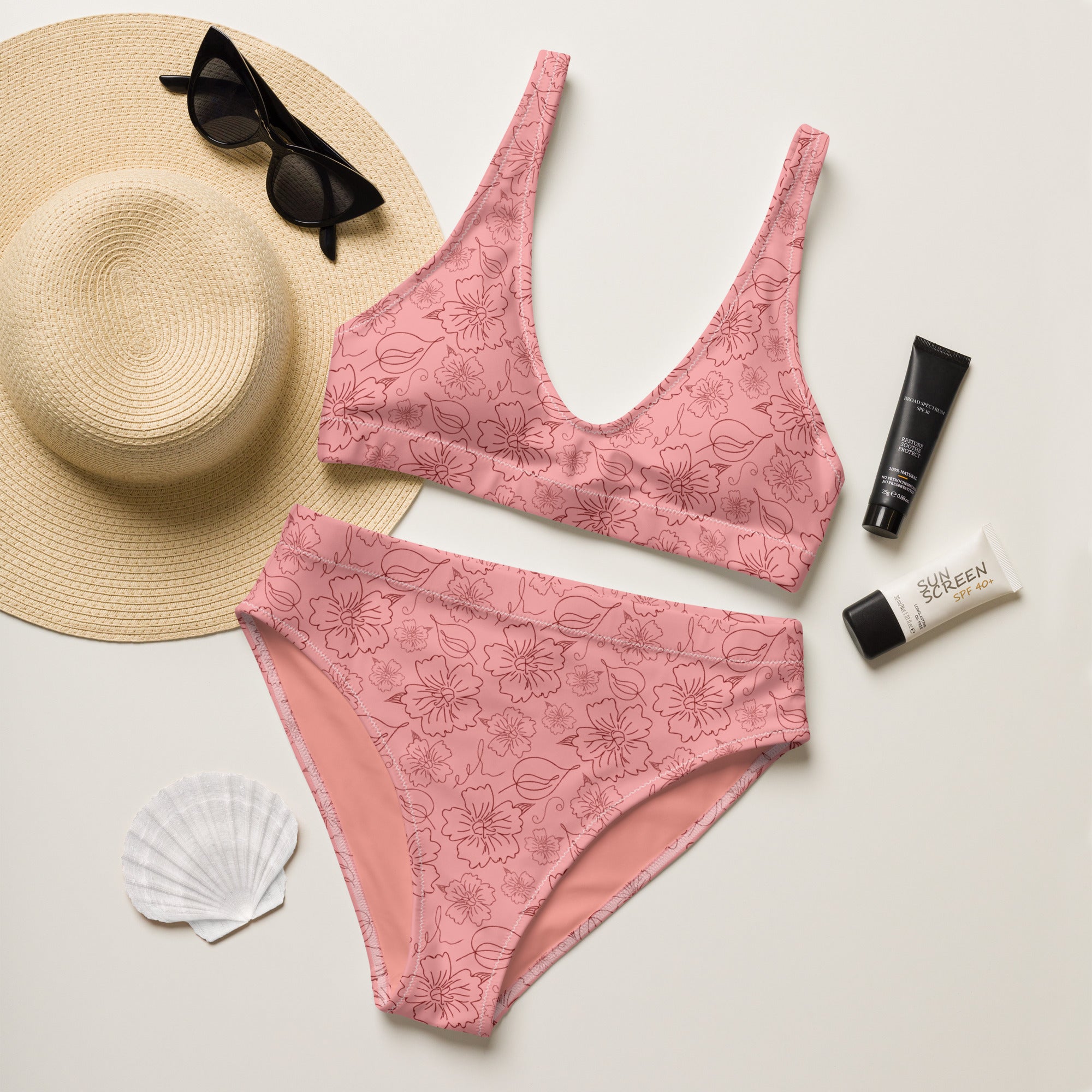 Women's Dusty Pink Floral Line Art Recycled Bikini - Removable Padding, Buttery Soft Quick-Drying UPF 50+ Fabric