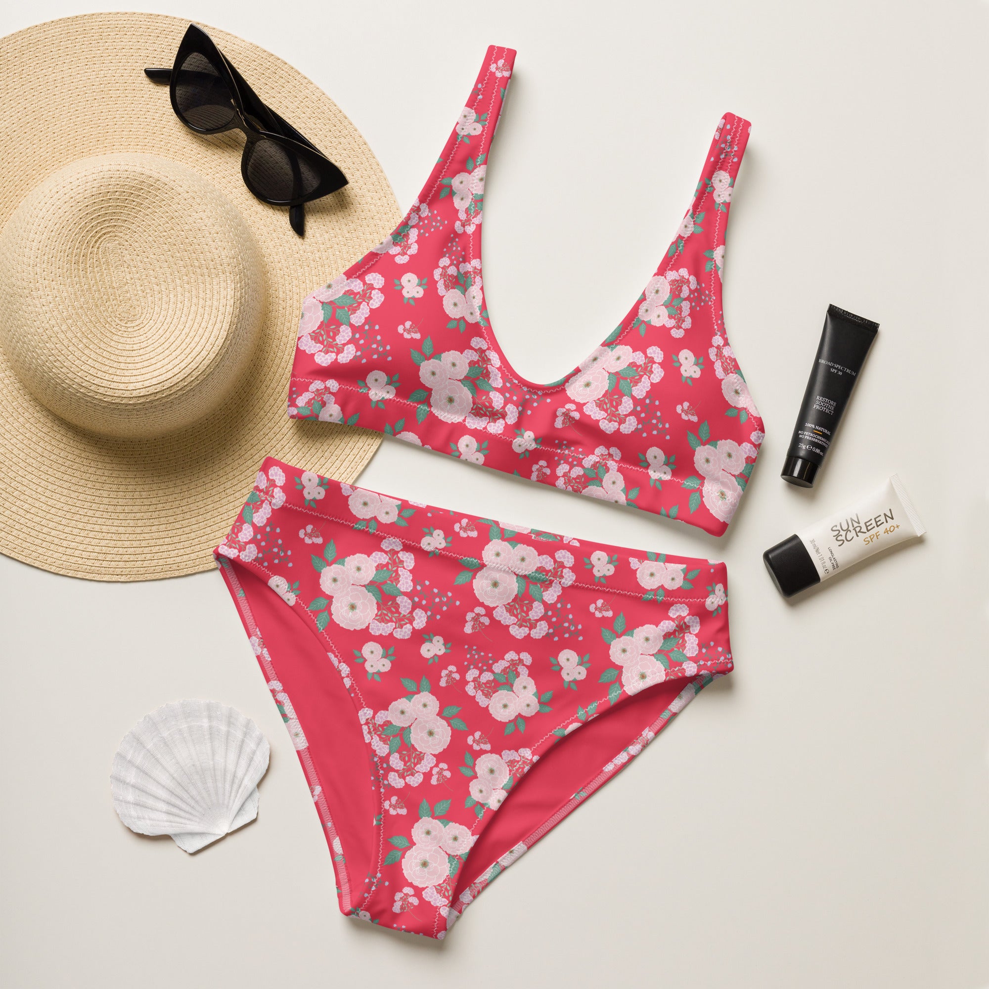 Women's Coral Pink Floral Recycled Bikini - Removable Padding, Buttery Soft Quick-Drying UPF 50+ Fabric