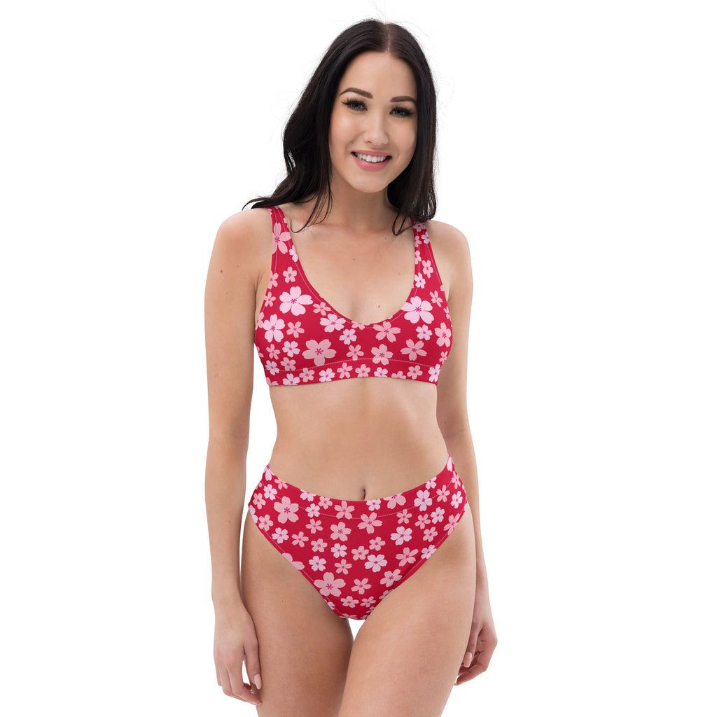 Women's Ruby Red Floral Recycled Bikini - Removable Padding, Buttery Soft Quick-Drying UPF 50+ Fabric