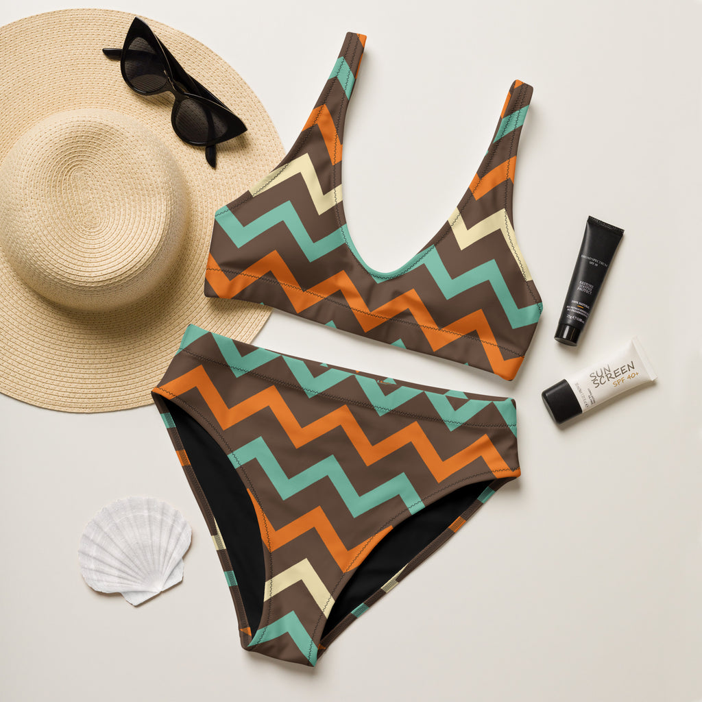 Women's Brown Chevron Recycled Bikini - Removable Padding, Buttery Soft Quick-Drying UPF 50+ Fabric
