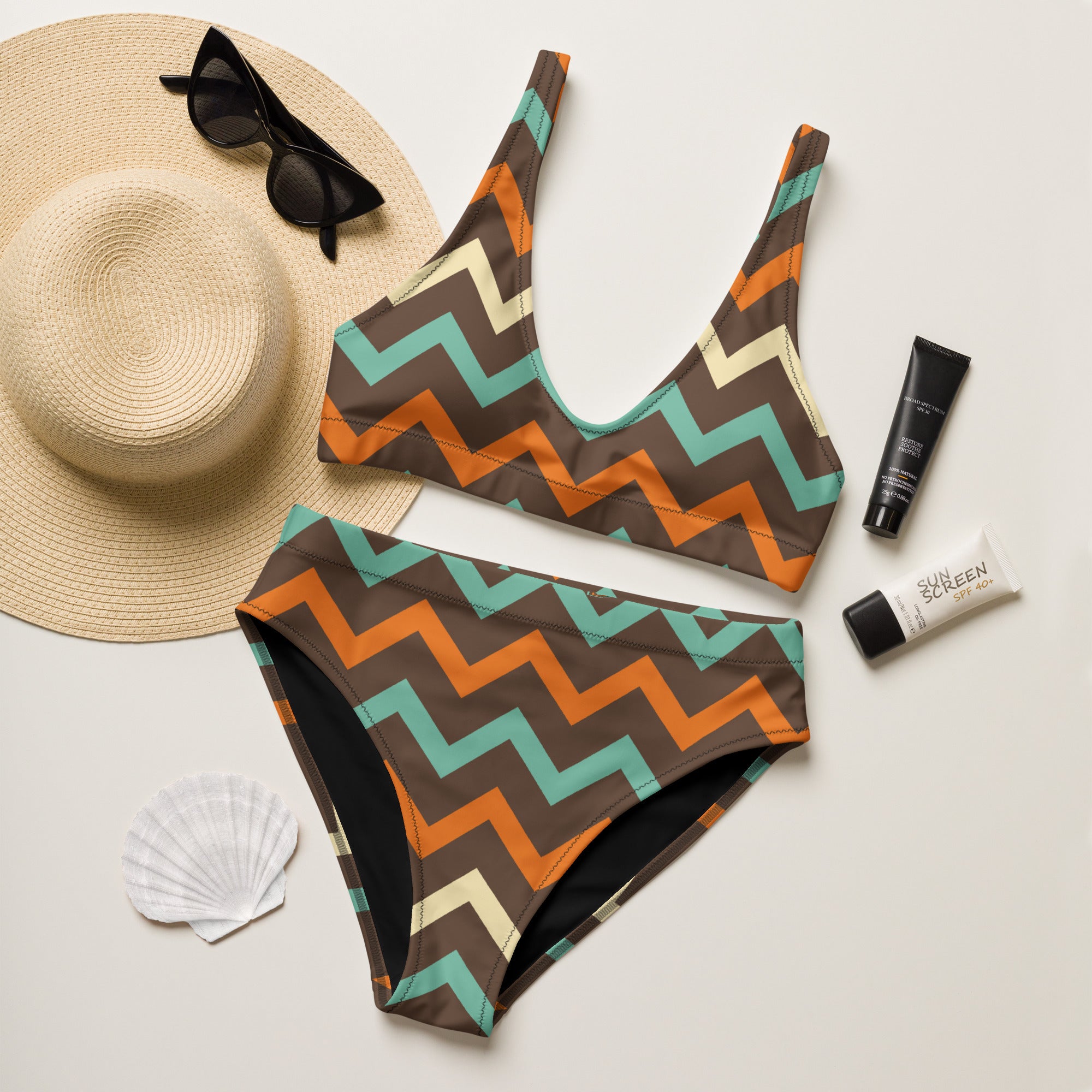 Women's Brown Chevron Recycled Bikini - Removable Padding, Buttery Soft Quick-Drying UPF 50+ Fabric