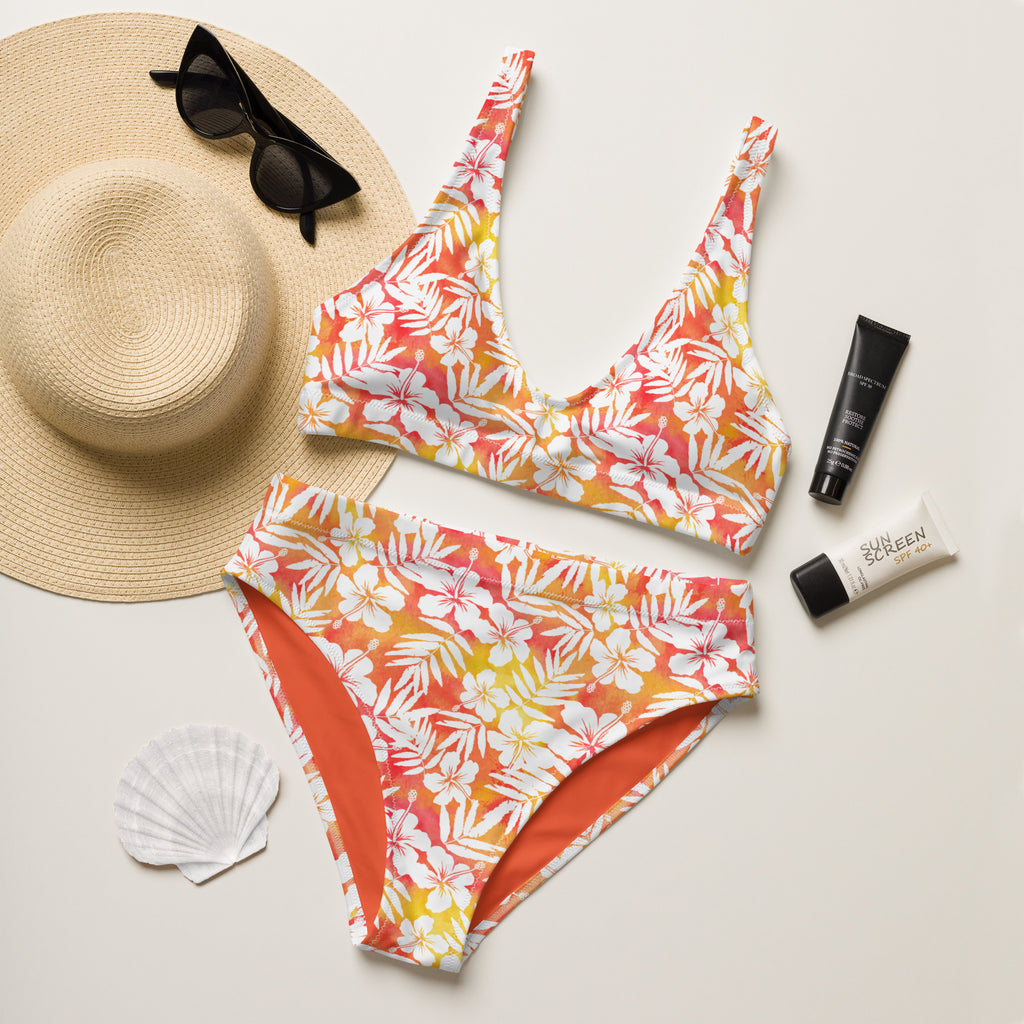 Women's Orange Tropical Floral Recycled Bikini - Removable Padding, Buttery Soft Quick-Drying UPF 50+ Fabric