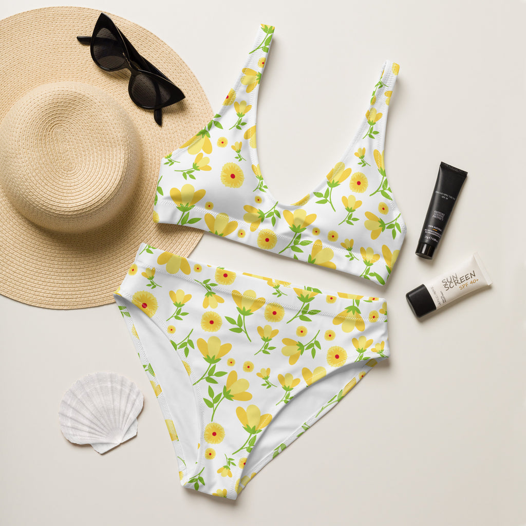 Women's Yellow Floral Recycled Bikini - Removable Padding, Buttery Soft Quick-Drying UPF 50+ Fabric