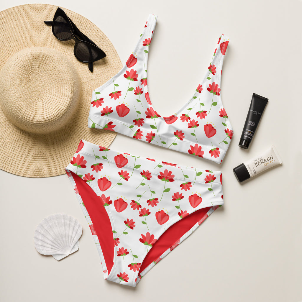 Women's Red Floral Recycled Bikini - Removable Padding, Buttery Soft Quick-Drying UPF 50+ Fabric