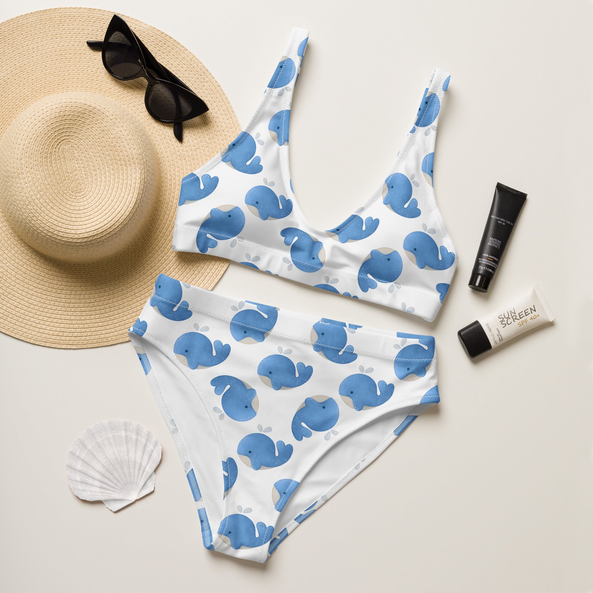 Women's Blue Whale Recycled Bikini - Removable Padding, Buttery Soft Quick-Drying UPF 50+ Fabric