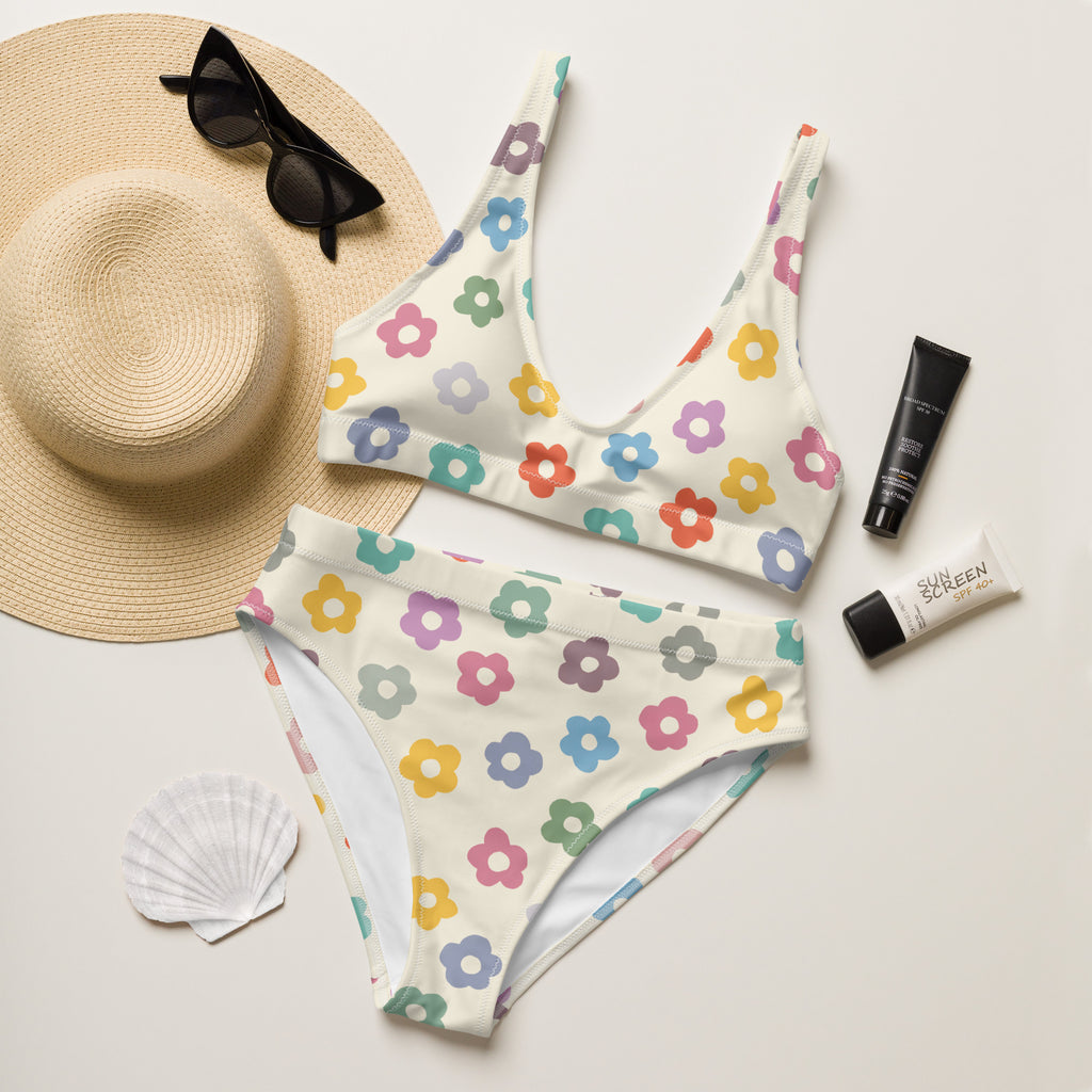 Women's Colorful Cream Retro Flower Recycled Bikini - Removable Padding, Buttery Soft Quick-Drying UPF 50+ Fabric