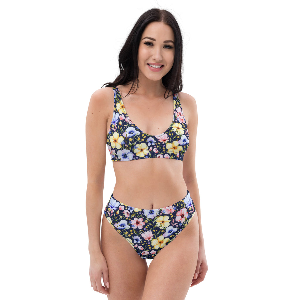 Women's Navy Watercolor Floral Recycled Bikini - Removable Padding, Buttery Soft Quick-Drying UPF 50+ Fabric