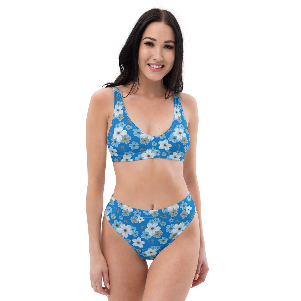 Women's Blue Daisy Floral Recycled Bikini - Removable Padding, Buttery Soft Quick-Drying UPF 50+ Fabric