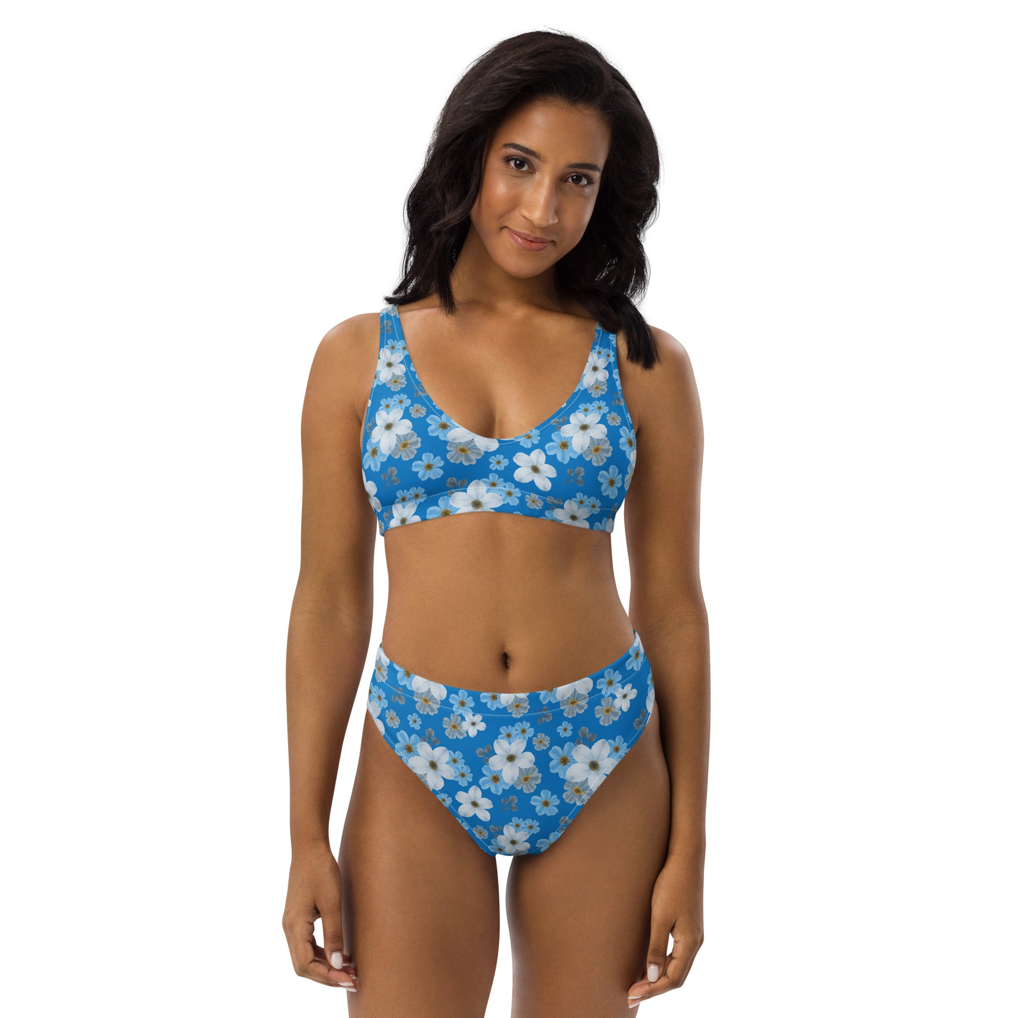 Women's Blue Daisy Floral Recycled Bikini - Removable Padding, Buttery Soft Quick-Drying UPF 50+ Fabric