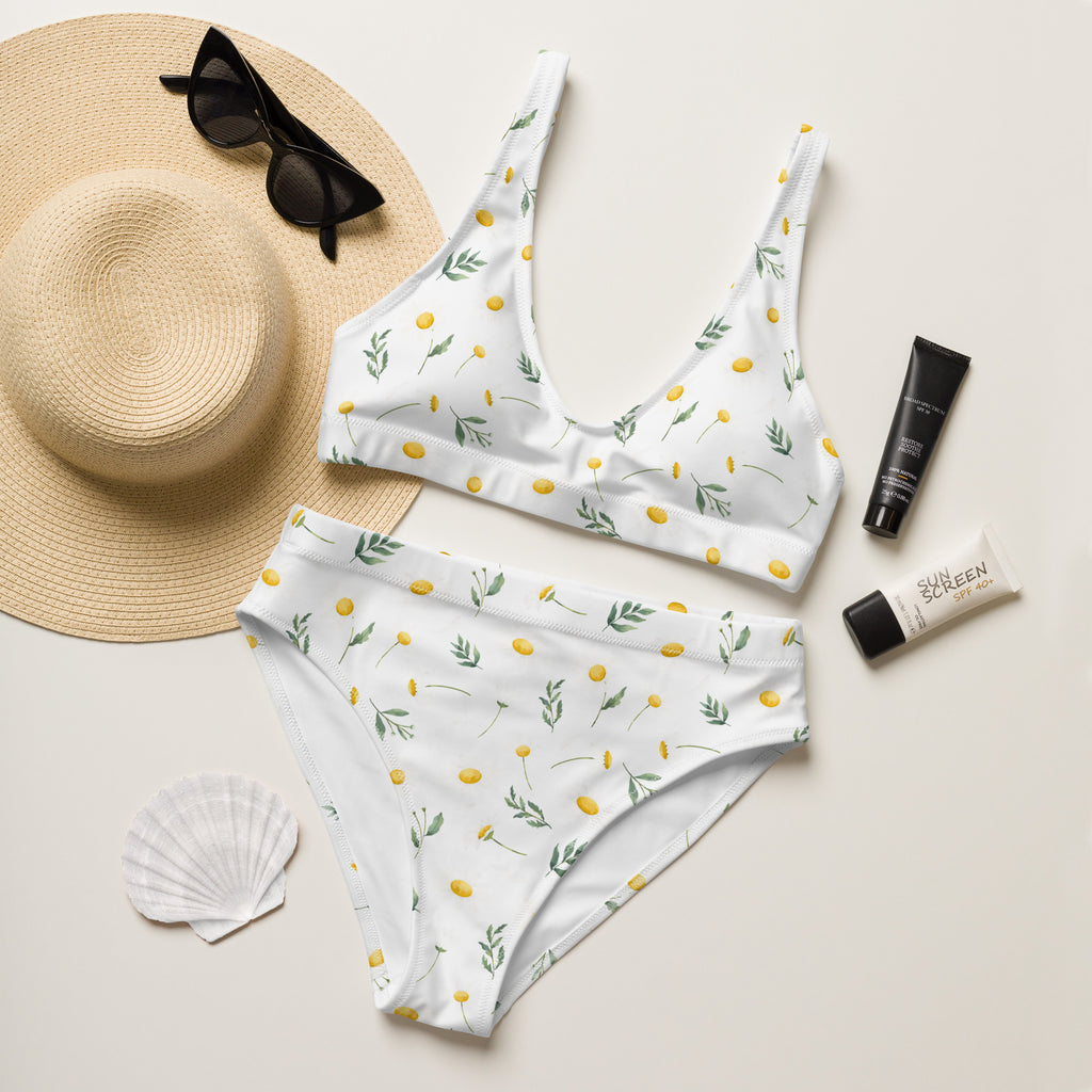 Women's White Wildflower Recycled Bikini - Removable Padding, Buttery Soft Quick-Drying UPF 50+ Fabric