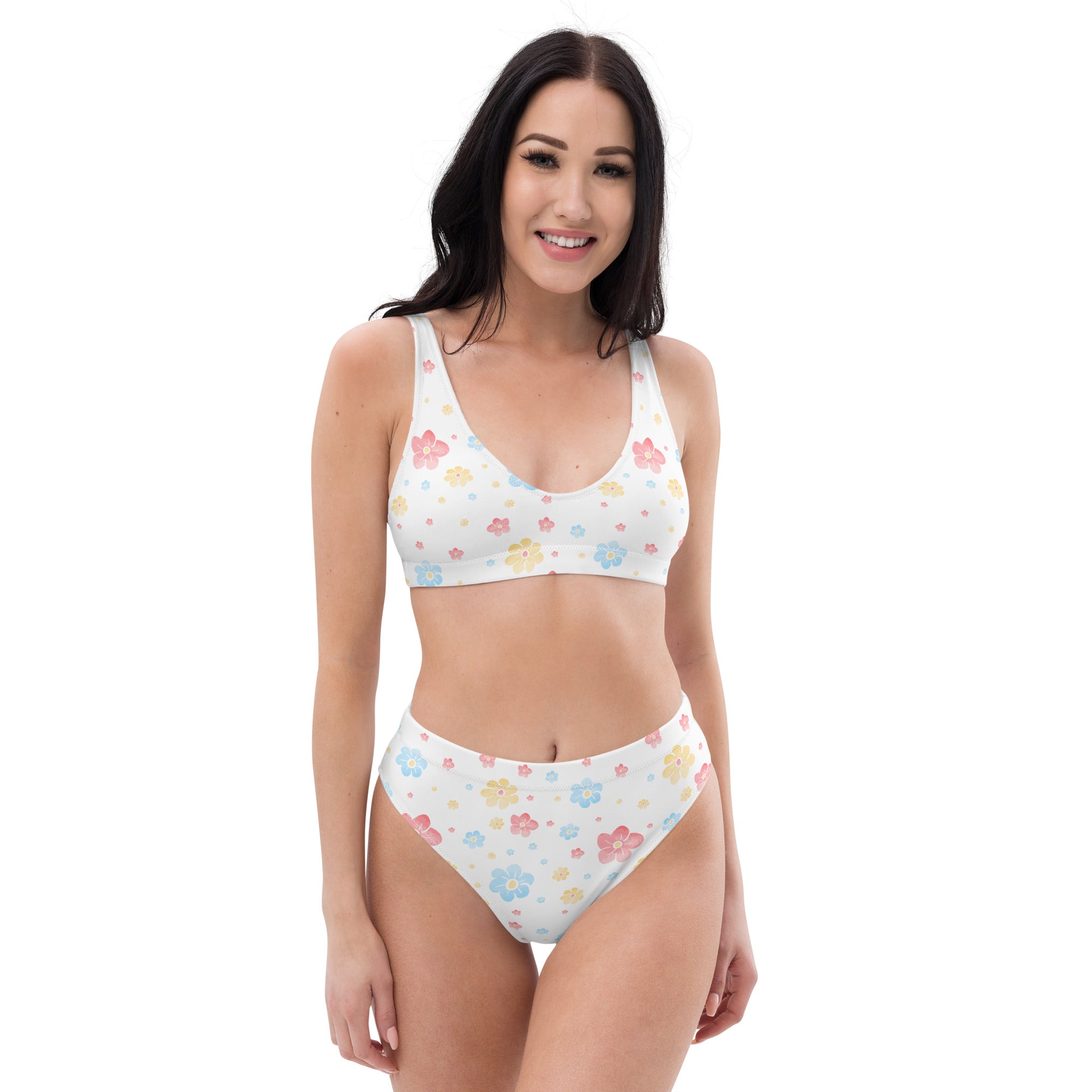 Women's White Pastel Floral Recycled Bikini - Removable Padding, Buttery Soft Quick-Drying UPF 50+ Fabric