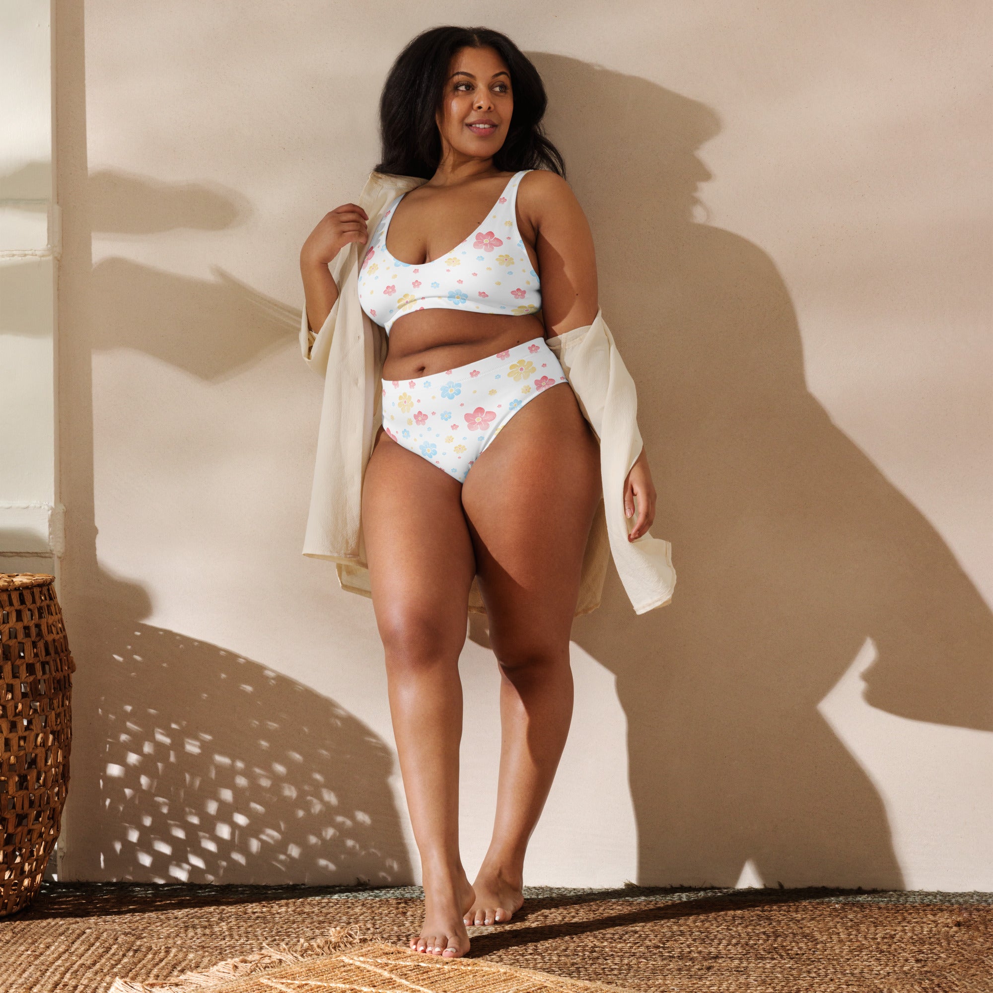 Women's White Pastel Floral Recycled Bikini - Removable Padding, Buttery Soft Quick-Drying UPF 50+ Fabric