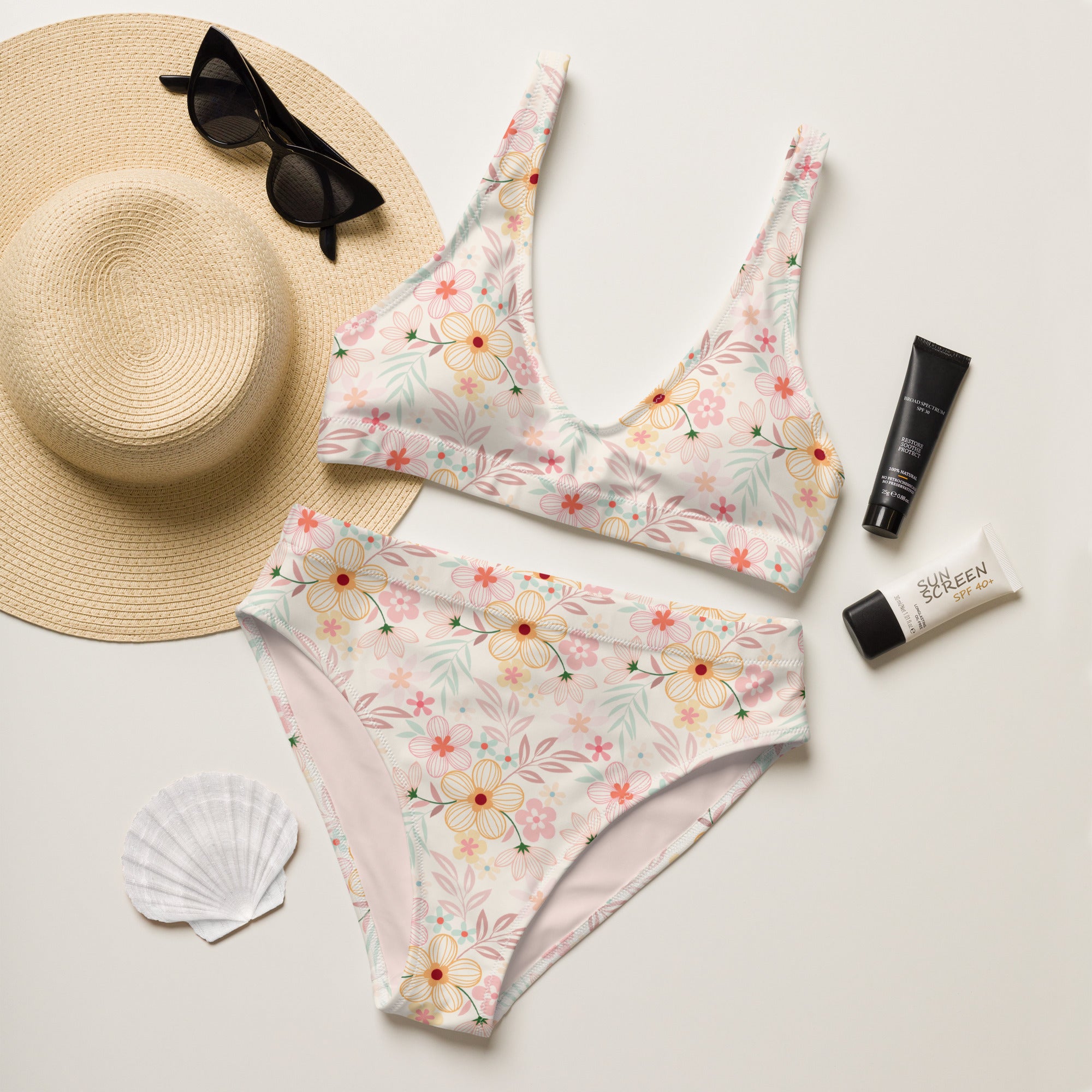 Women's Cream Pastel Floral Recycled Bikini - Removable Padding, Buttery Soft Quick-Drying UPF 50+ Fabric