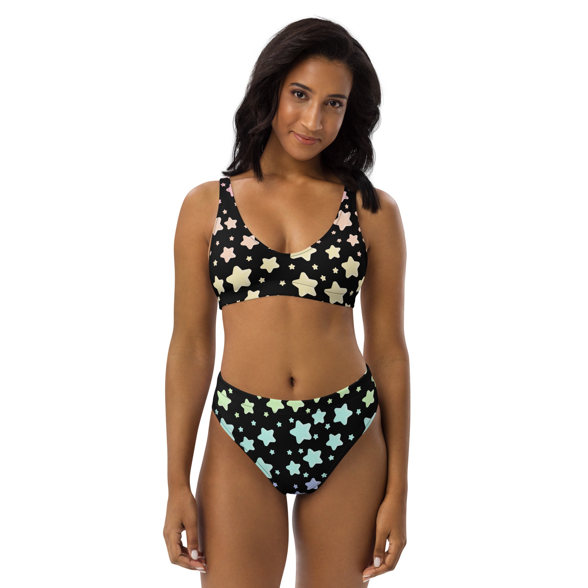 Women's Pastel Rainbow Star Recycled Bikini - Removable Padding, Buttery Soft Quick-Drying UPF 50+ Fabric