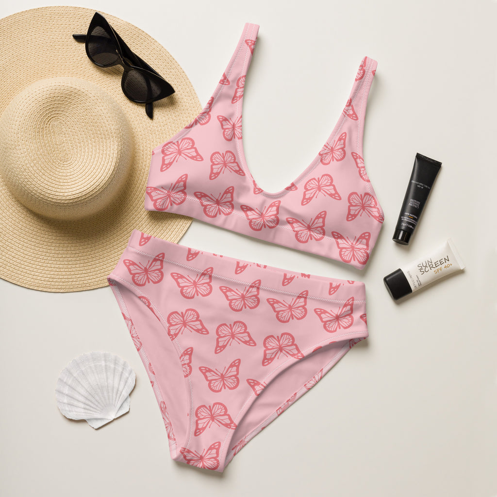 Women's Pink Butterfly Recycled Bikini - Removable Padding, Buttery Soft Quick-Drying UPF 50+ Fabric