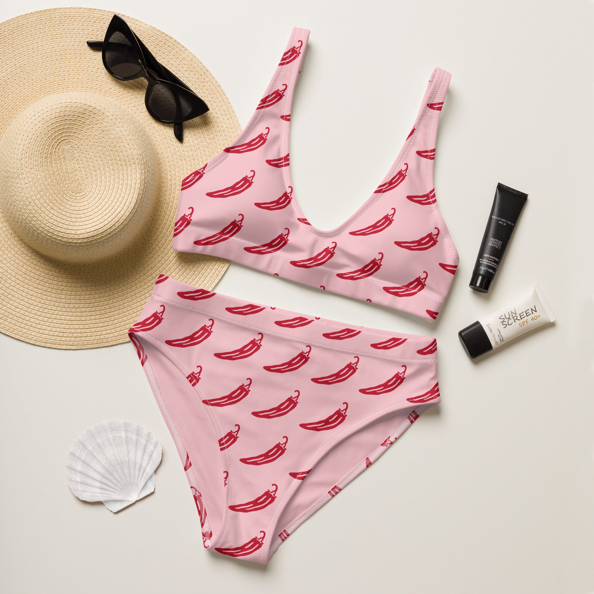 Women's Pink Chili Pepper Recycled Bikini - Removable Padding, Buttery Soft Quick-Drying UPF 50+ Fabric