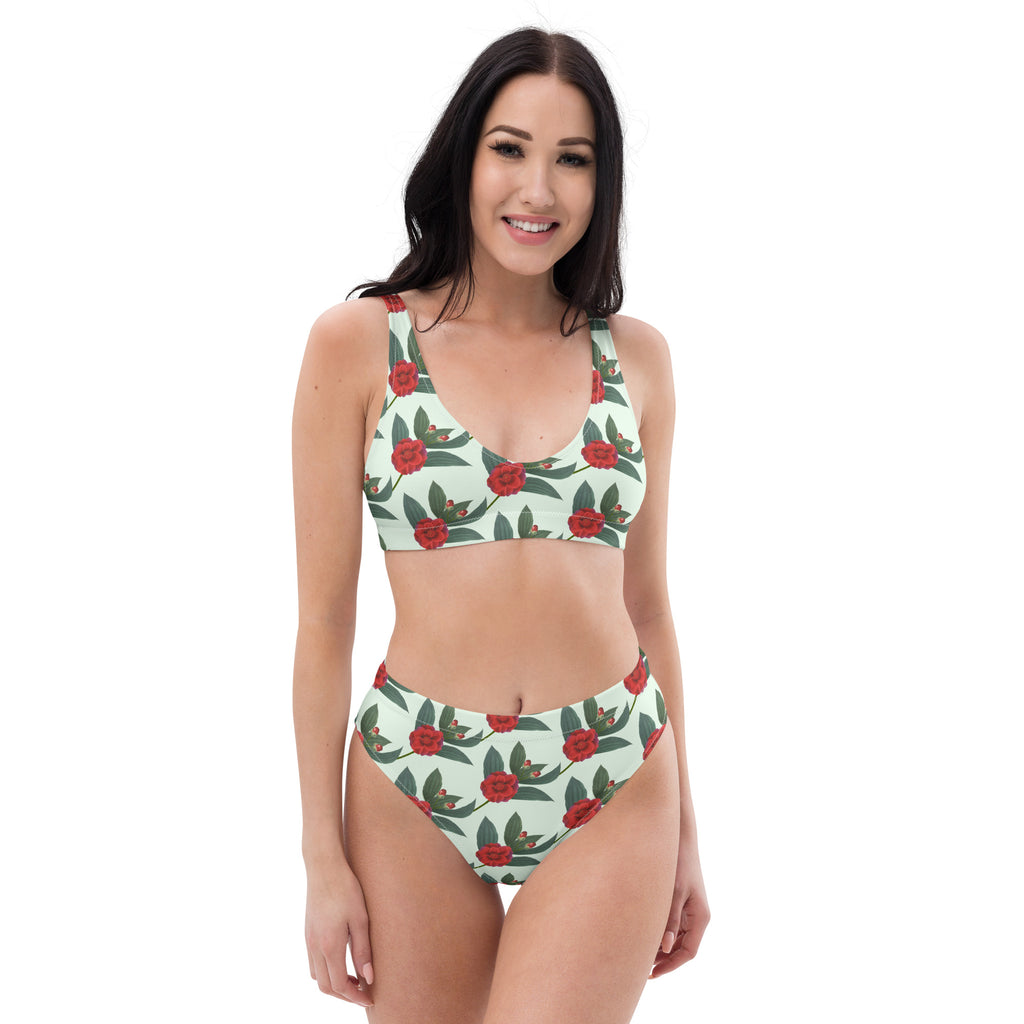 Women's Mint Red Rose Recycled Bikini - Removable Padding, Buttery Soft Quick-Drying UPF 50+ Fabric