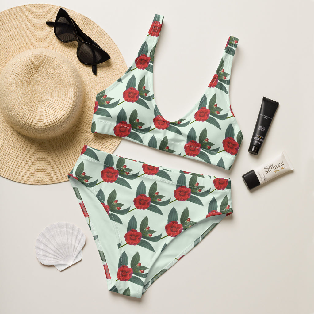 Women's Mint Red Rose Recycled Bikini - Removable Padding, Buttery Soft Quick-Drying UPF 50+ Fabric