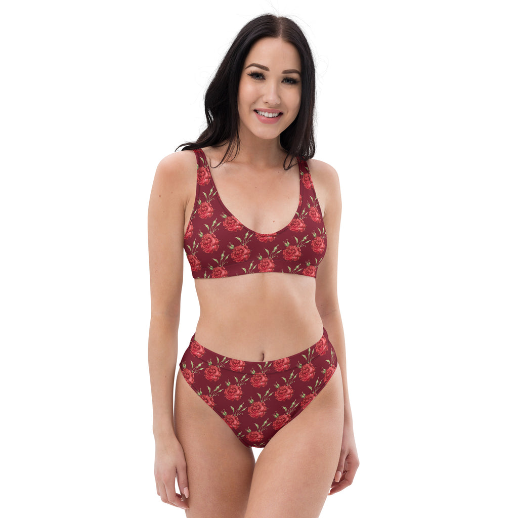 Women's Burgundy Red Rose Recycled Bikini - Removable Padding, Buttery Soft Quick-Drying UPF 50+ Fabric
