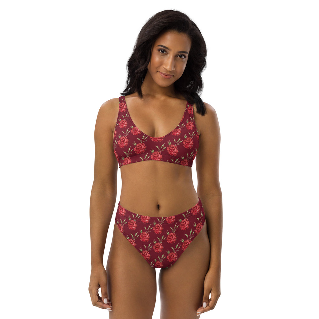 Women's Burgundy Red Rose Recycled Bikini - Removable Padding, Buttery Soft Quick-Drying UPF 50+ Fabric