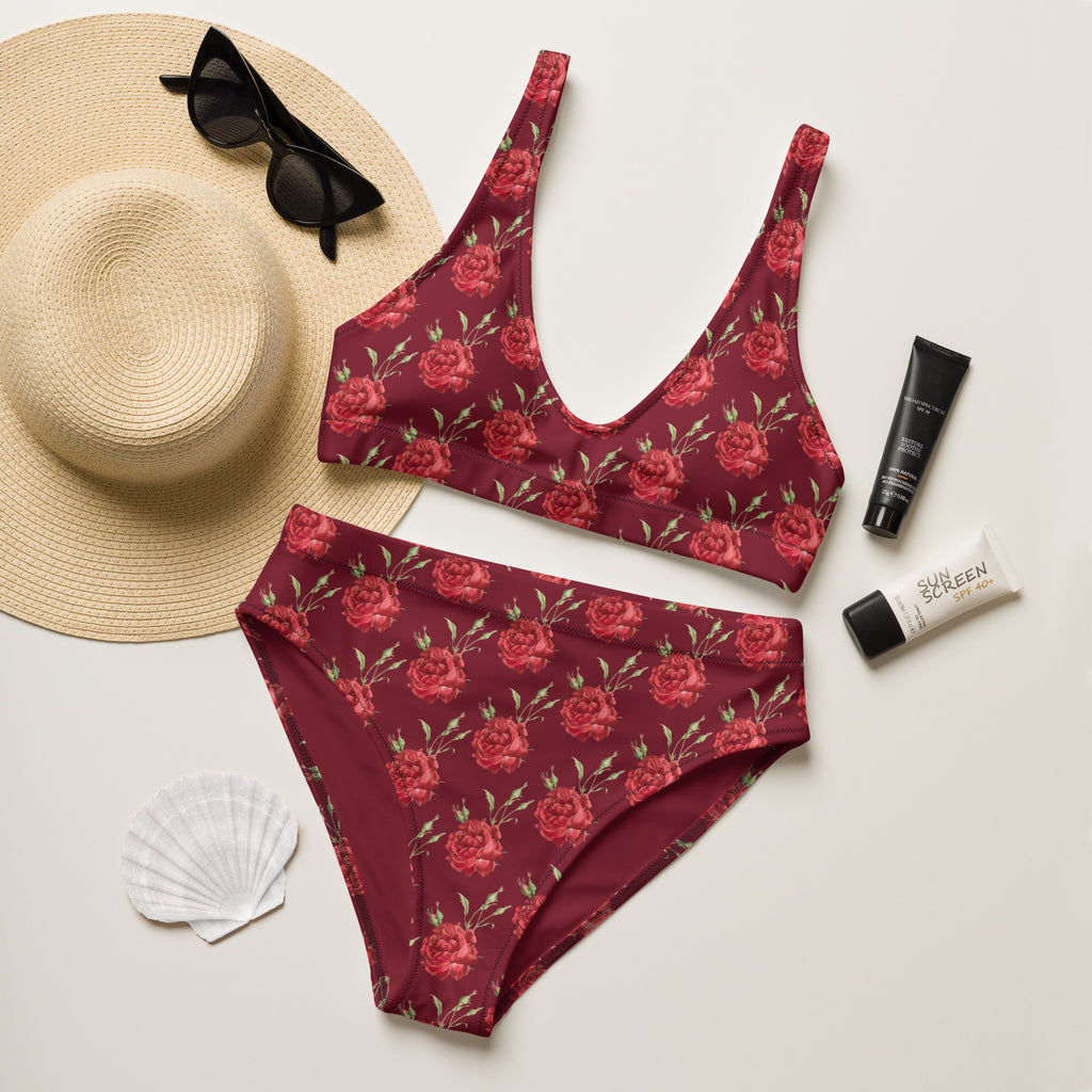 Women's Burgundy Red Rose Recycled Bikini - Removable Padding, Buttery Soft Quick-Drying UPF 50+ Fabric