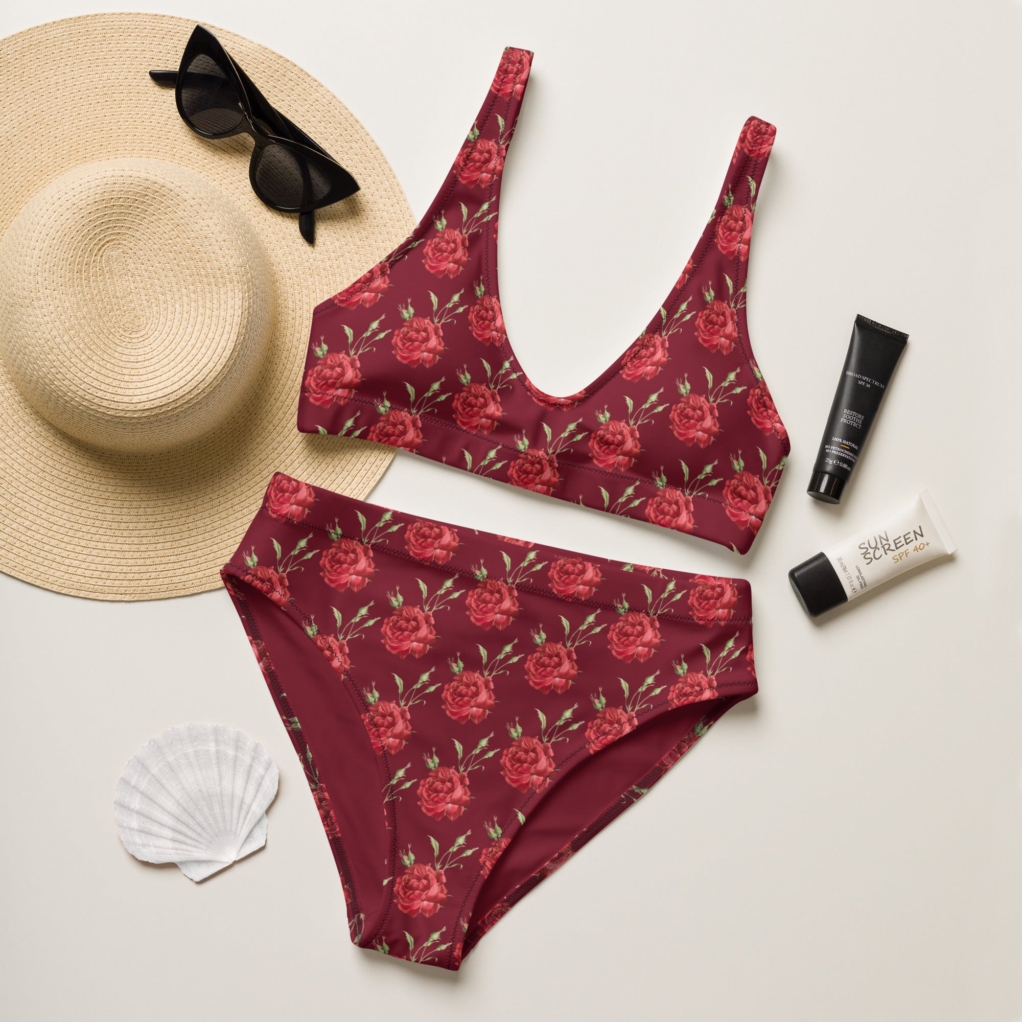 Women's Burgundy Red Rose Recycled Bikini - Removable Padding, Buttery Soft Quick-Drying UPF 50+ Fabric