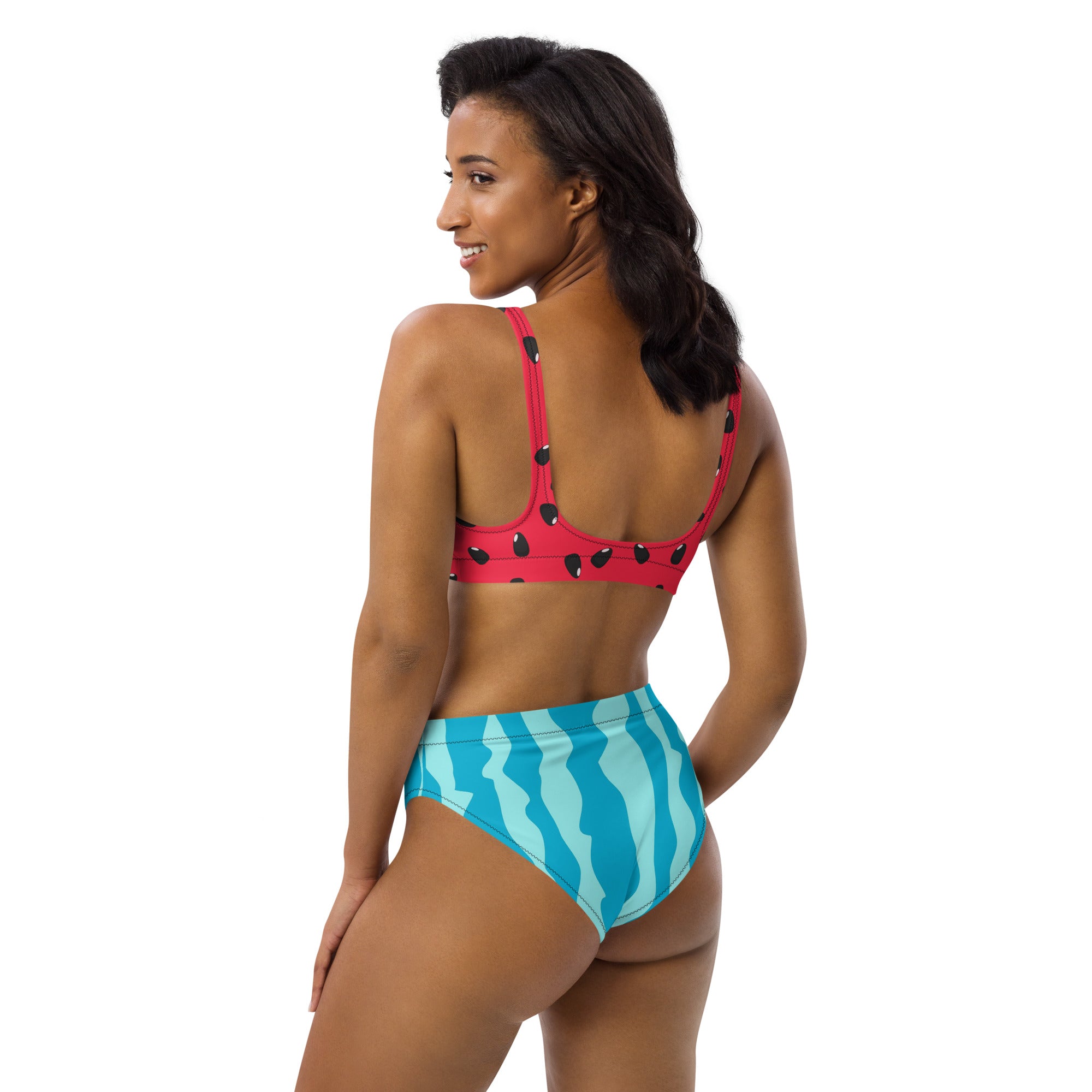 Women’s watermelon padded recycled bikini with a red polka dot top and turquoise high-waisted quick drying bottoms