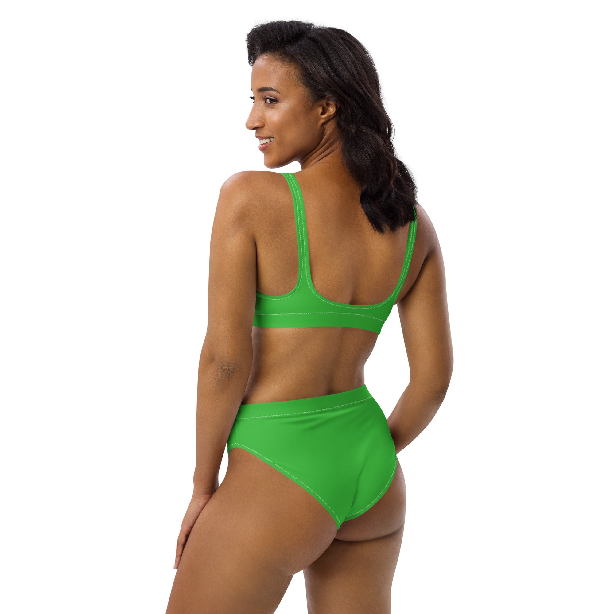 Bright green women’s two-piece padded recycled bikini with seamless stretchy fabric quick drying and UPF 50+ protection