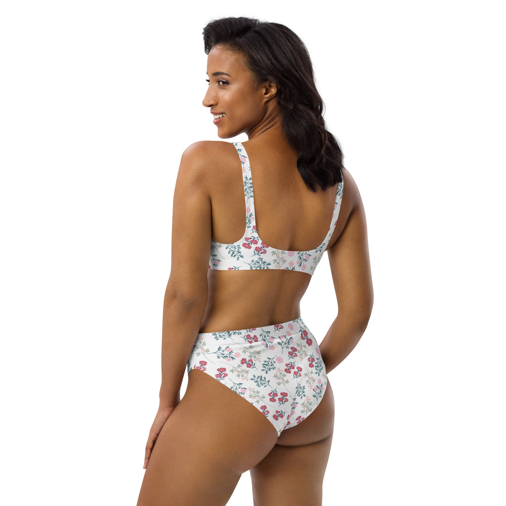 Women’s white vintage floral padded recycled bikini set with pink green blossoms on quick drying fabric upf 50+