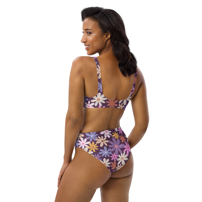 Women's Purple Retro Floral Padded Recycled Bikini - Quick Drying Fabric With UPF 50+