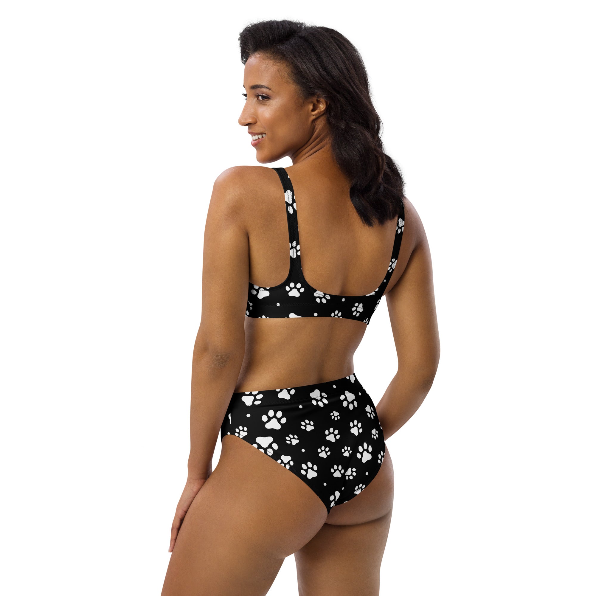 Women's Black & White Paw Print Padded Recycled Bikini - Quick Drying Fabric With UPF 50+