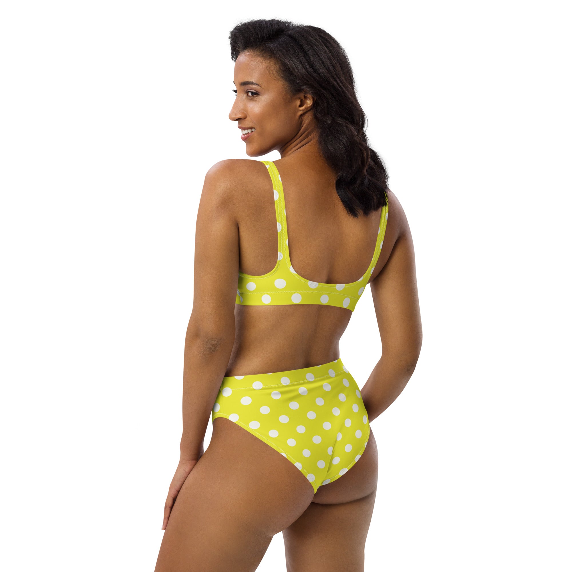 Women's Bright Yellow Polka Dot Recycled Bikini - Removable Padding, Buttery Soft Quick-Drying UPF 50+ Fabric