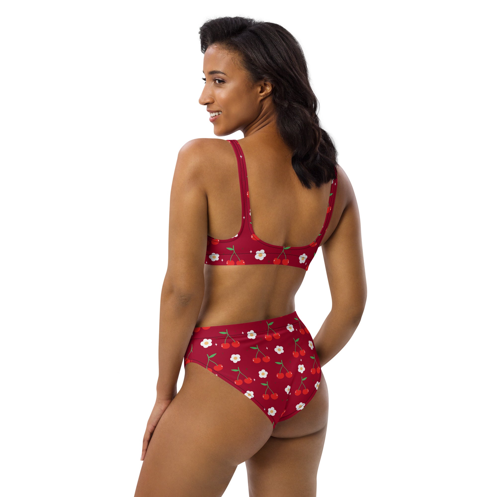 Women's Red Cherry Daisy Recycled Bikini - Removable Padding, Buttery Soft Quick-Drying UPF 50+ Fabric