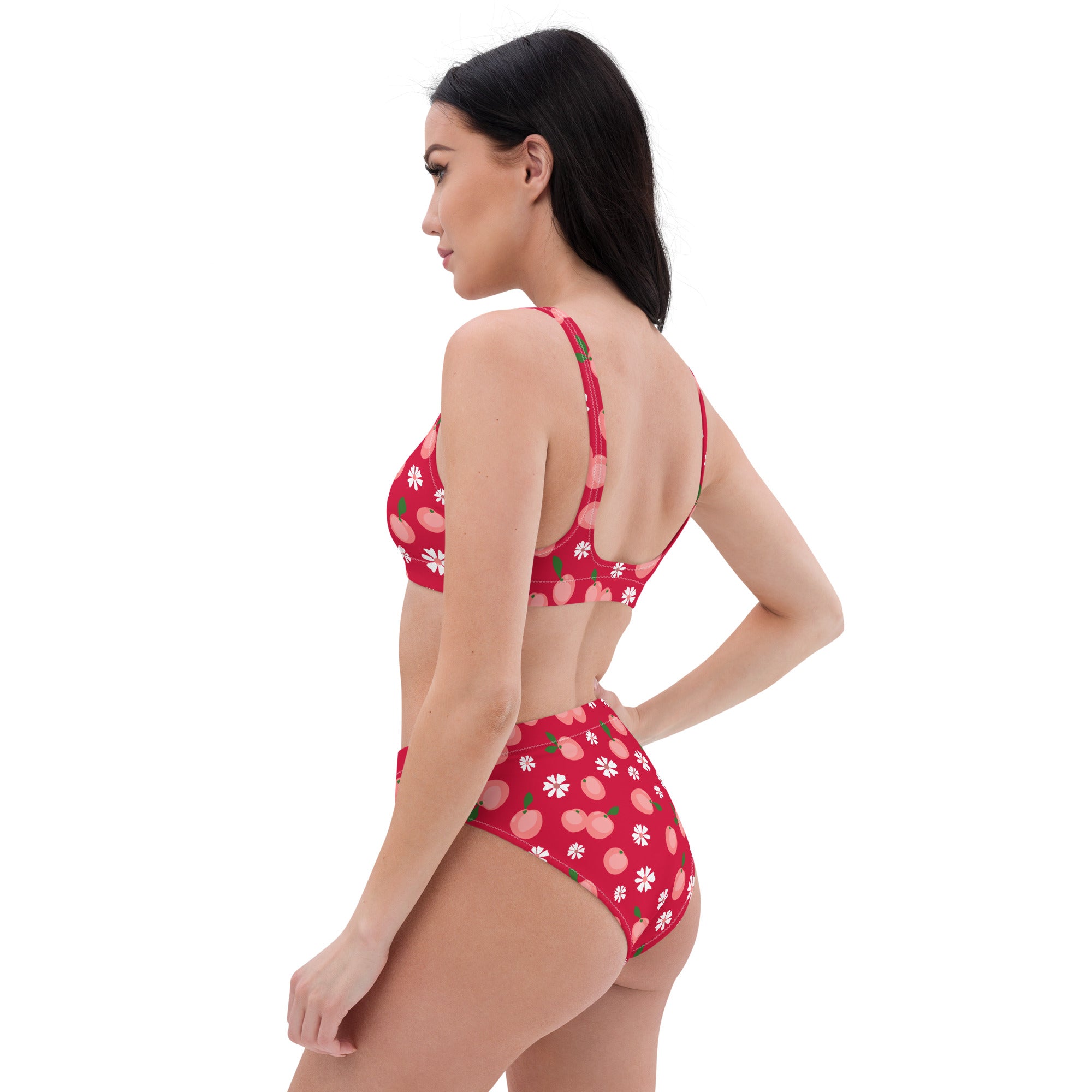 Women's Red Peach Daisy Recycled Bikini - Removable Padding, Buttery Soft Quick-Drying UPF 50+ Fabric