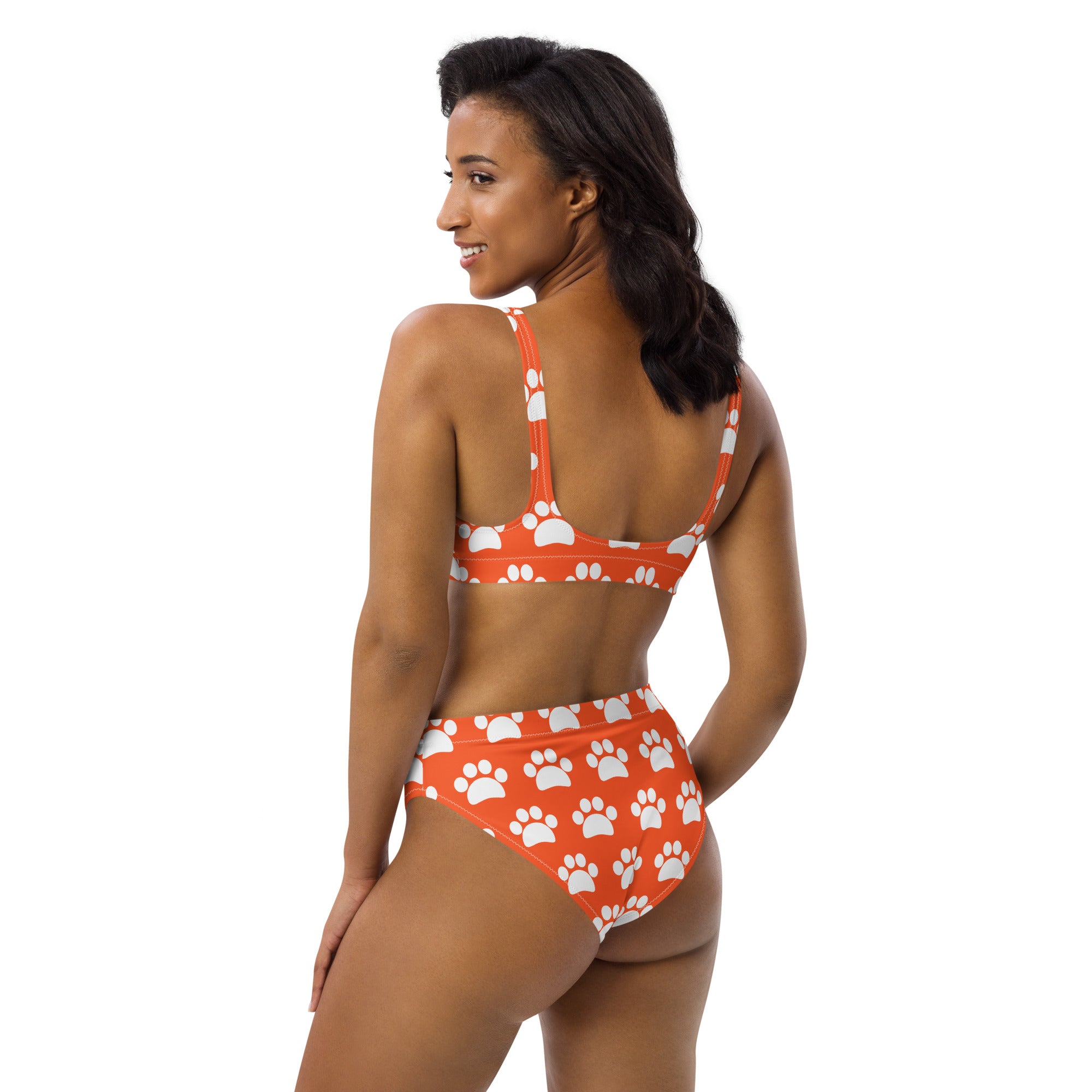 Women's Bright Orange Paw Print Recycled Bikini - Removable Padding, Buttery Soft Quick-Drying UPF 50+ Fabric